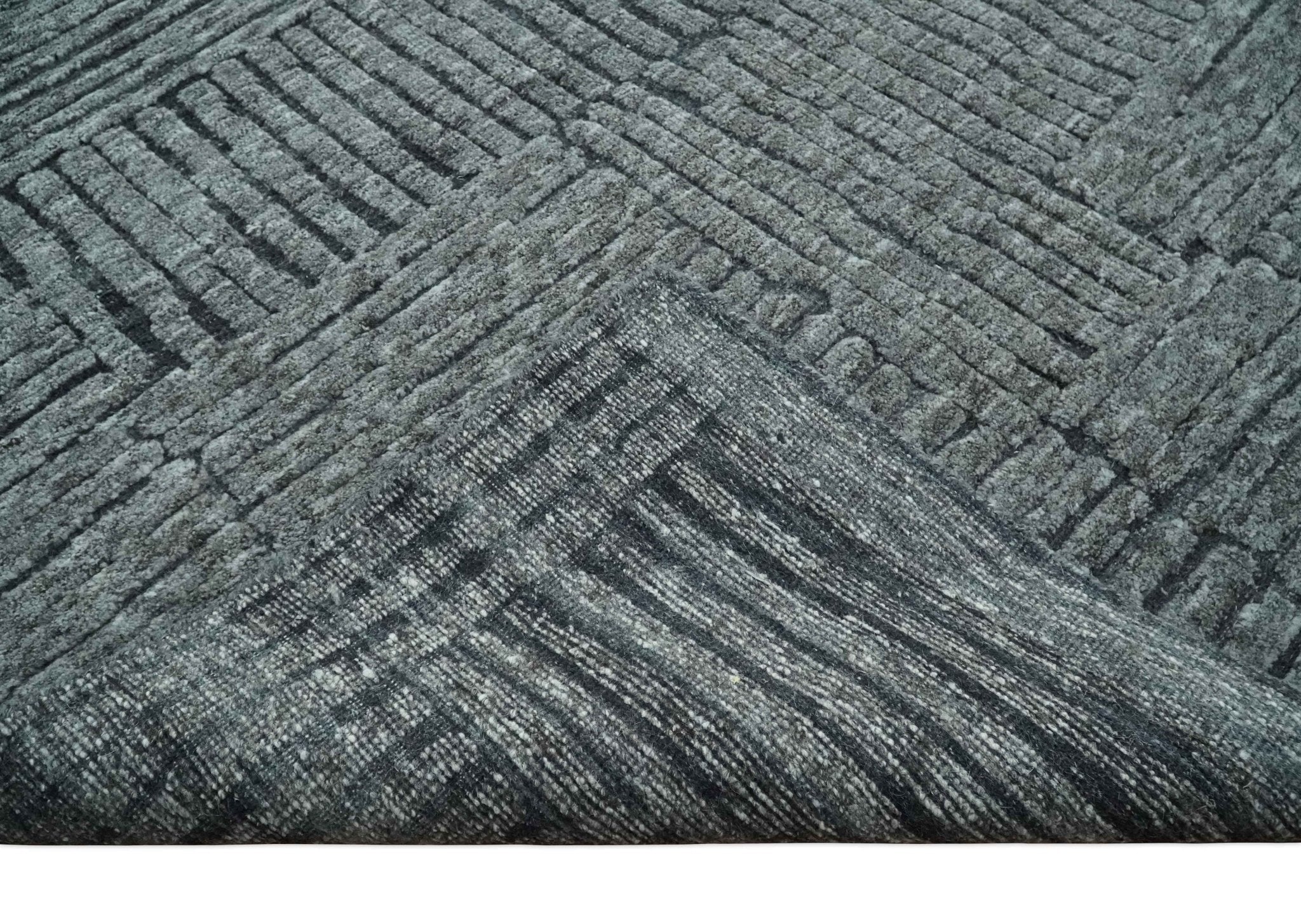 Charcoal Contemporary Stripes Pattern Hand Knotted 9.3x14.8 Wool Area Rug - Image 7