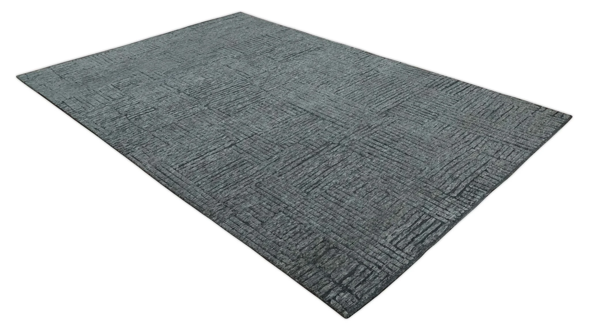 Charcoal Contemporary Stripes Pattern Hand Knotted 9.3x14.8 Wool Area Rug - Image 9
