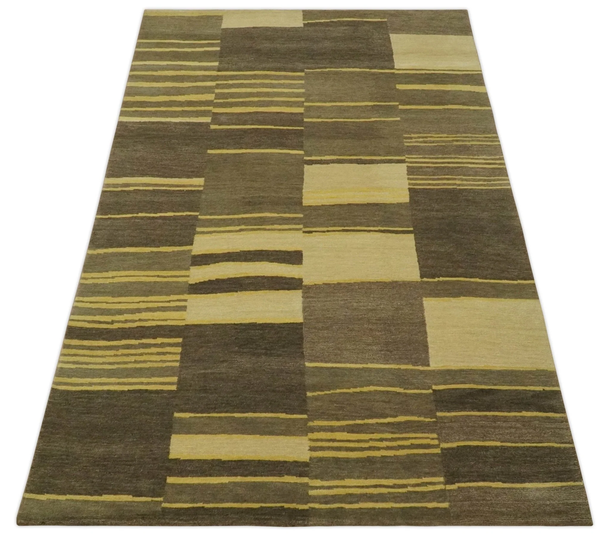 Dark Brown, Gold and Beige Modern Stripes Hand knotted 5x8 wool Area Rug - Image 10
