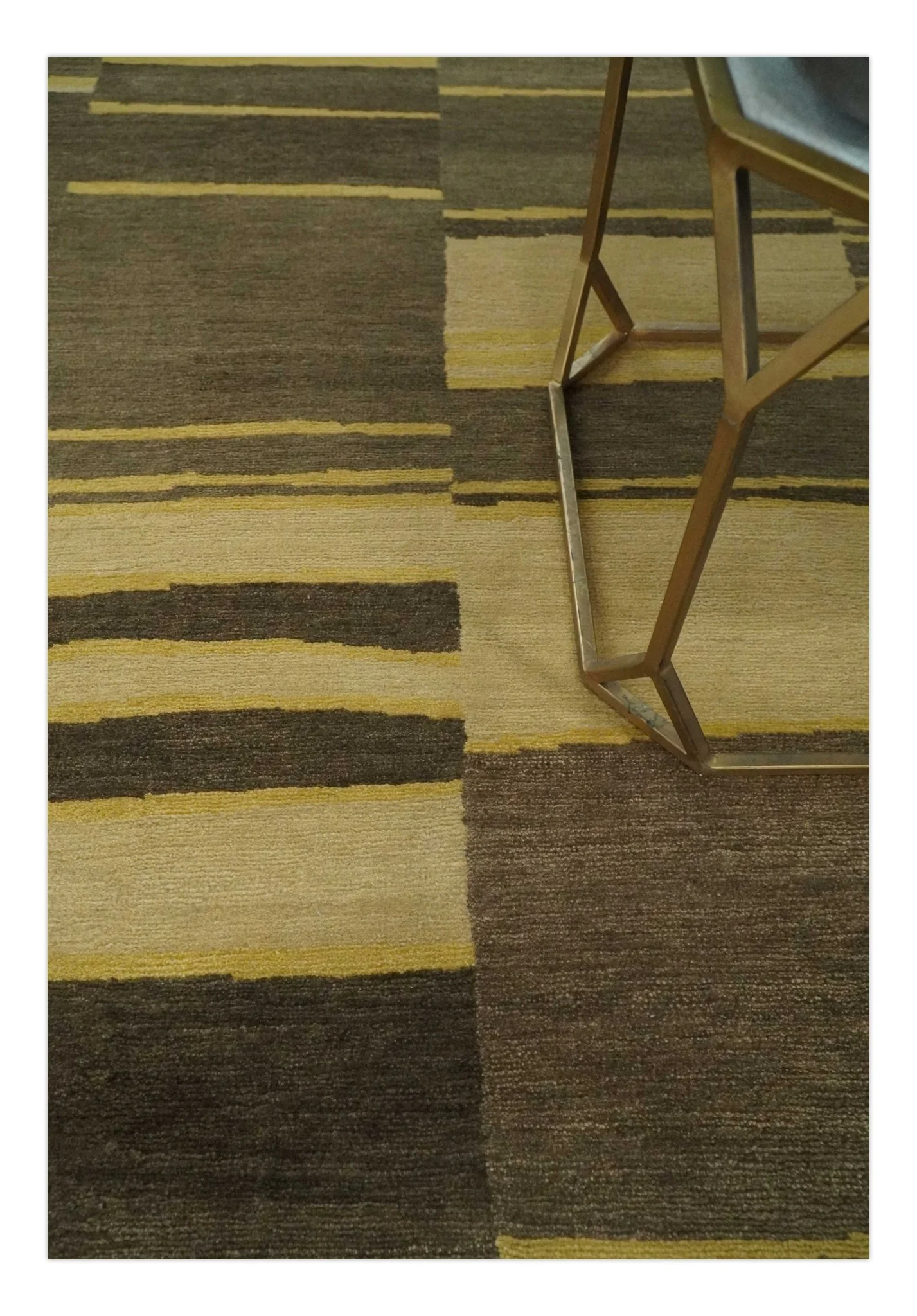 Dark Brown, Gold and Beige Modern Stripes Hand knotted 5x8 wool Area Rug - Image 2