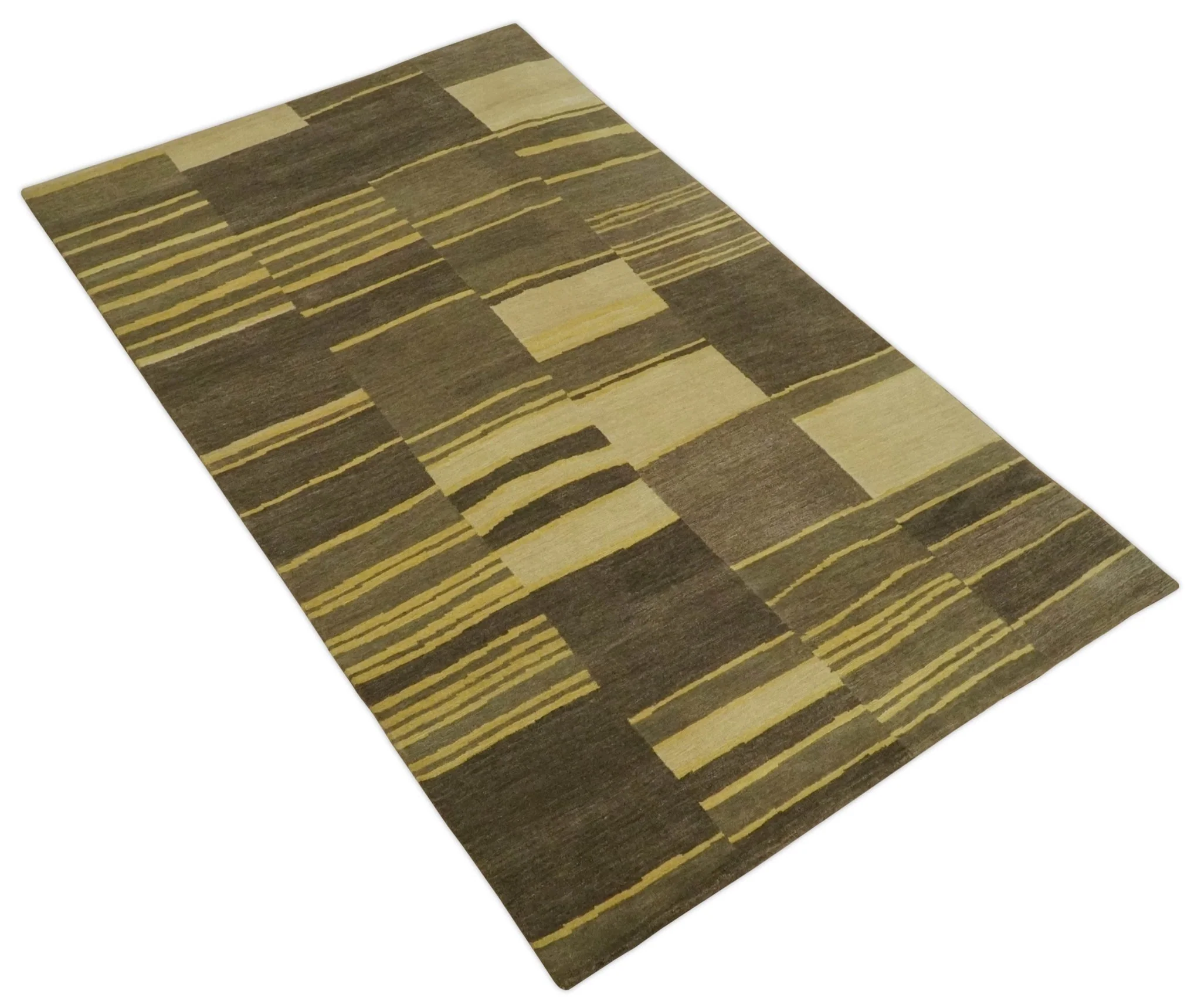 Dark Brown, Gold and Beige Modern Stripes Hand knotted 5x8 wool Area Rug - Image 9