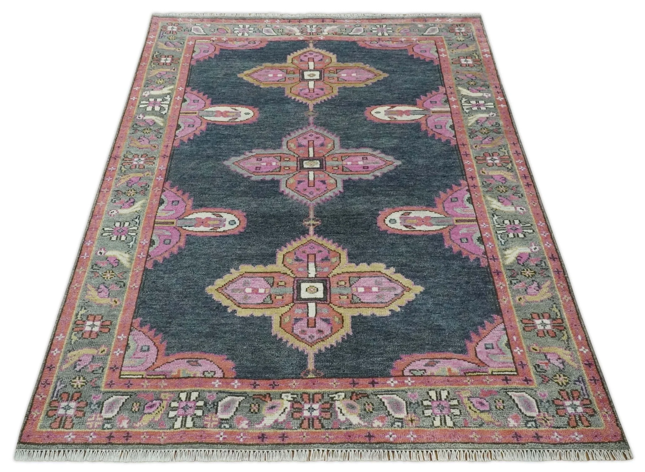 Charcoal, Gray and Pink Traditional Hand Knotted 5x8 and 6x9 Wool Area Rug - Image 10