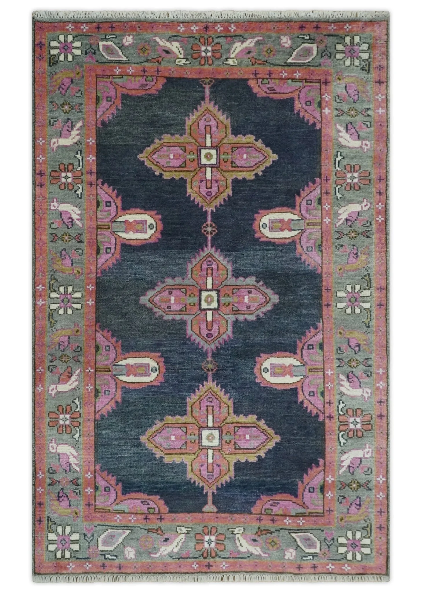 Charcoal, Gray and Pink Traditional Hand Knotted 5x8 and 6x9 Wool Area Rug - Image 12