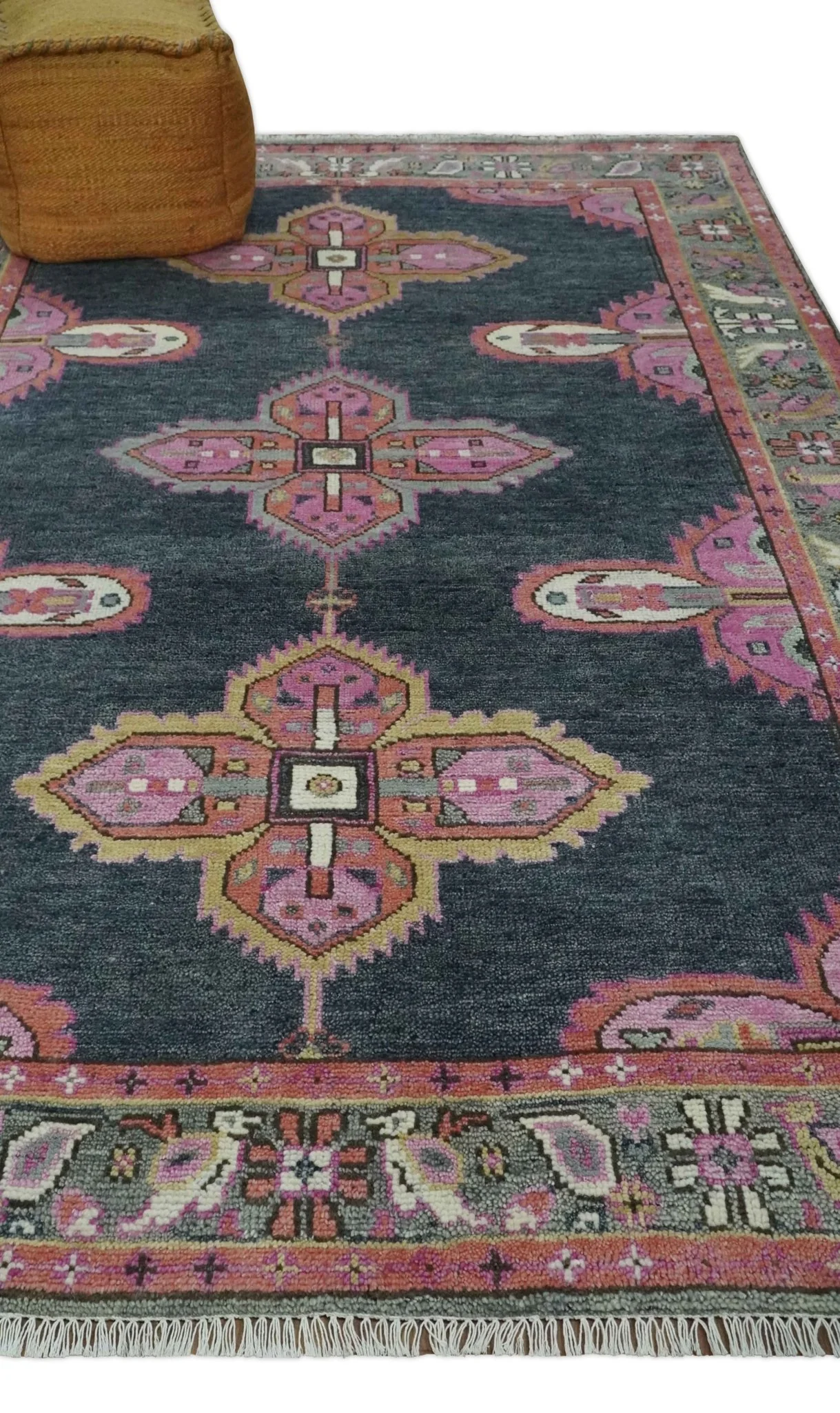 Charcoal, Gray and Pink Traditional Hand Knotted 5x8 and 6x9 Wool Area Rug - Image 3