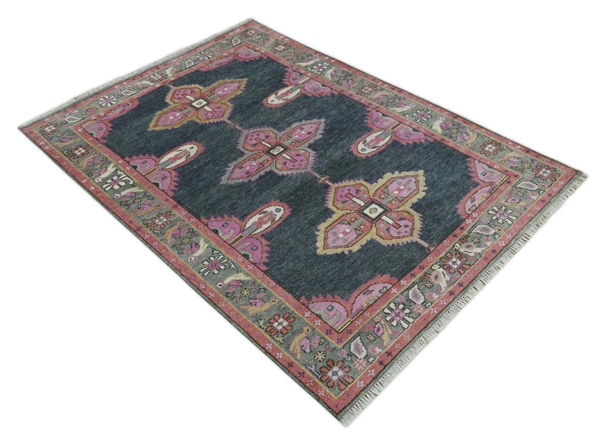Charcoal, Gray and Pink Traditional Hand Knotted 5x8 and 6x9 Wool Area Rug - Image 9
