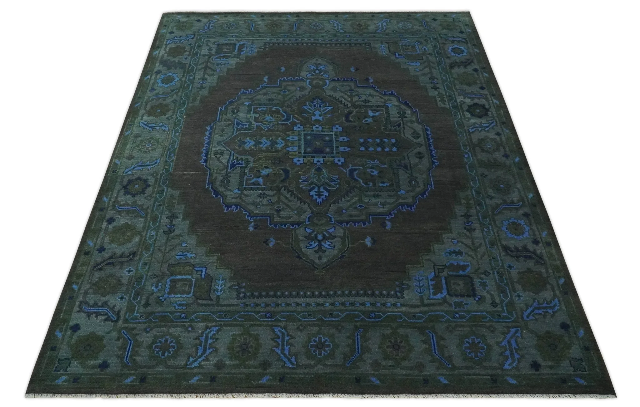 Charcoal, Gray, Green and Blue Neon look Traditional Heriz Medallion Multi Size wool Area Rug - Image 10