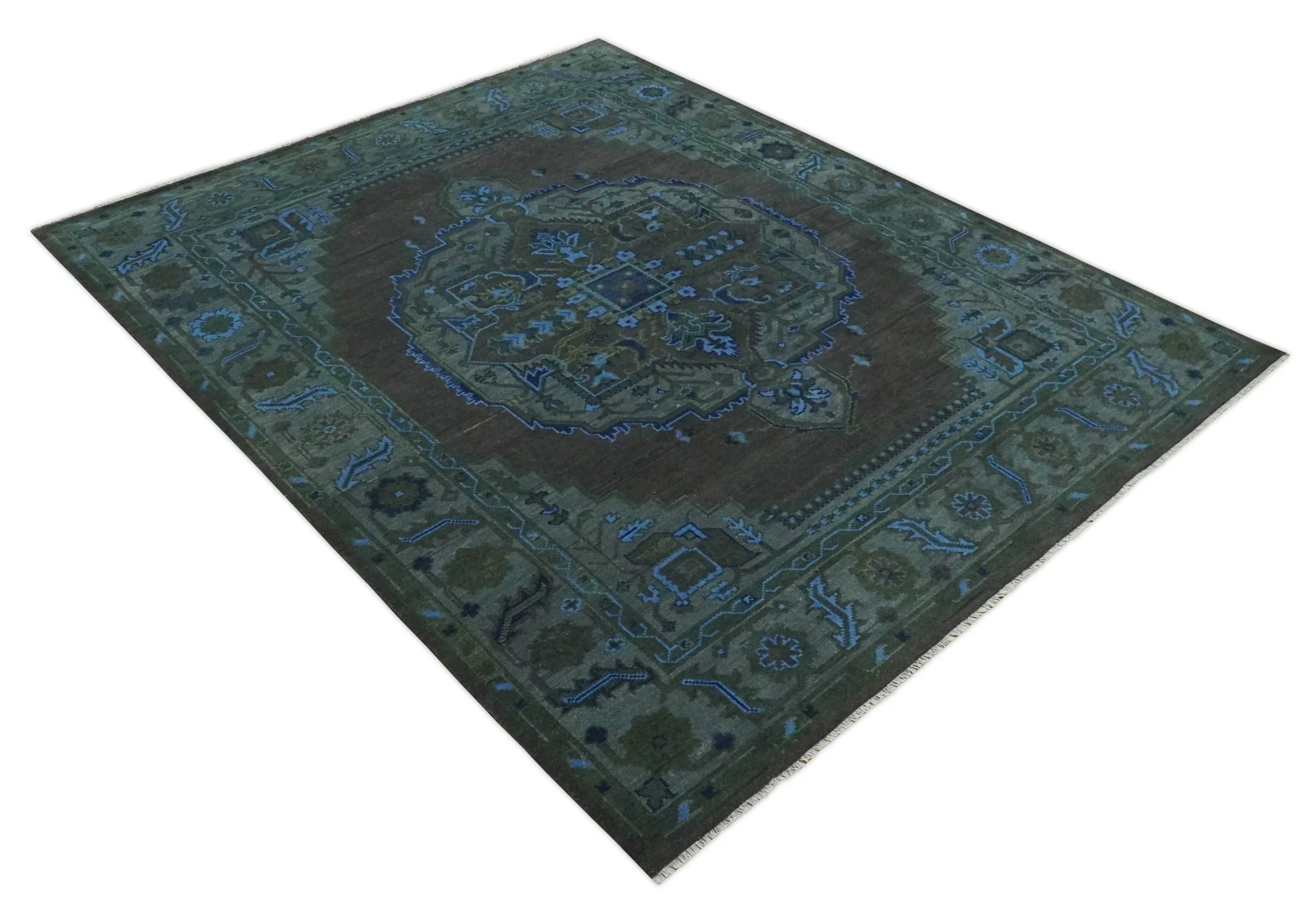 Charcoal, Gray, Green and Blue Neon look Traditional Heriz Medallion Multi Size wool Area Rug - Image 9