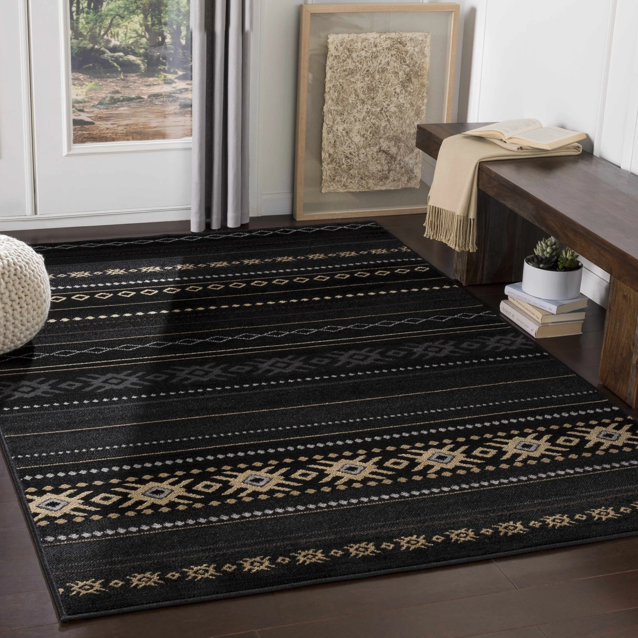 Tribal look Charcoal, Gray, Ivory and Tan Southwestern Stripes design Multi size Rug - Image 2