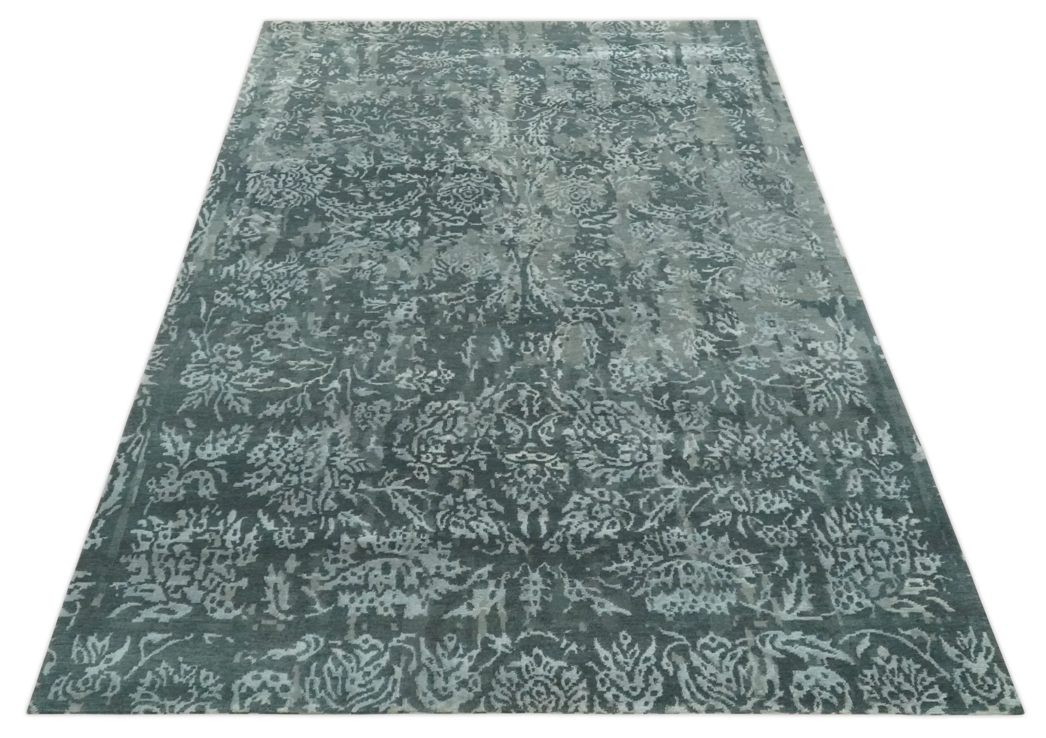 Modern Abstract Charcoal, Grey and Silver Hand Knotted 6x9.4 Floral Wool and Silk Area Rug - Image 10