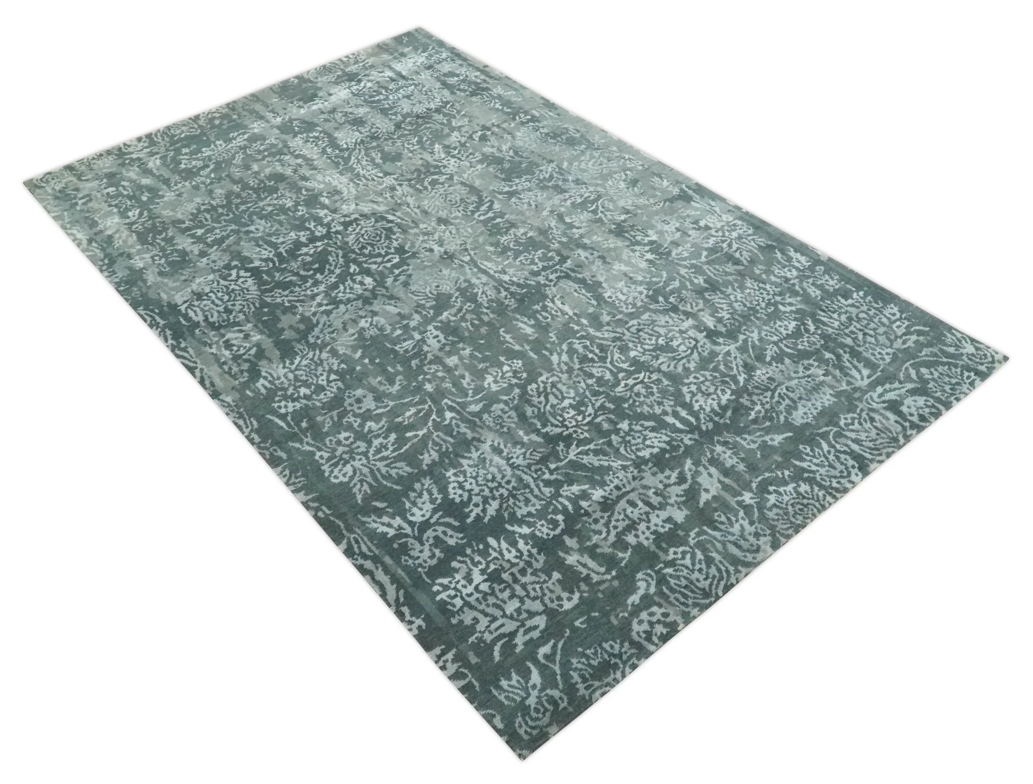 Modern Abstract Charcoal, Grey and Silver Hand Knotted 6x9.4 Floral Wool and Silk Area Rug - Image 11