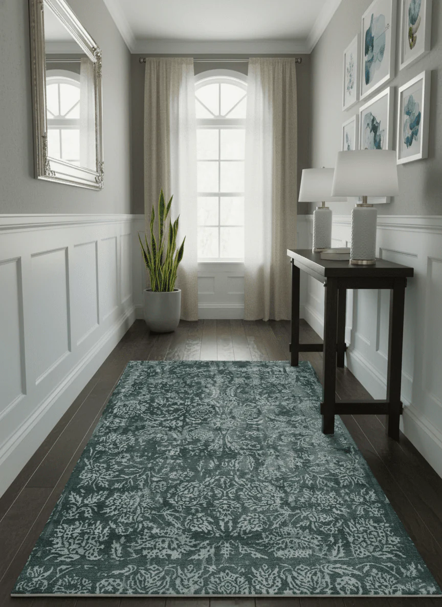 Modern Abstract Charcoal, Grey and Silver Hand Knotted 6x9.4 Floral Wool and Silk Area Rug - Image 2