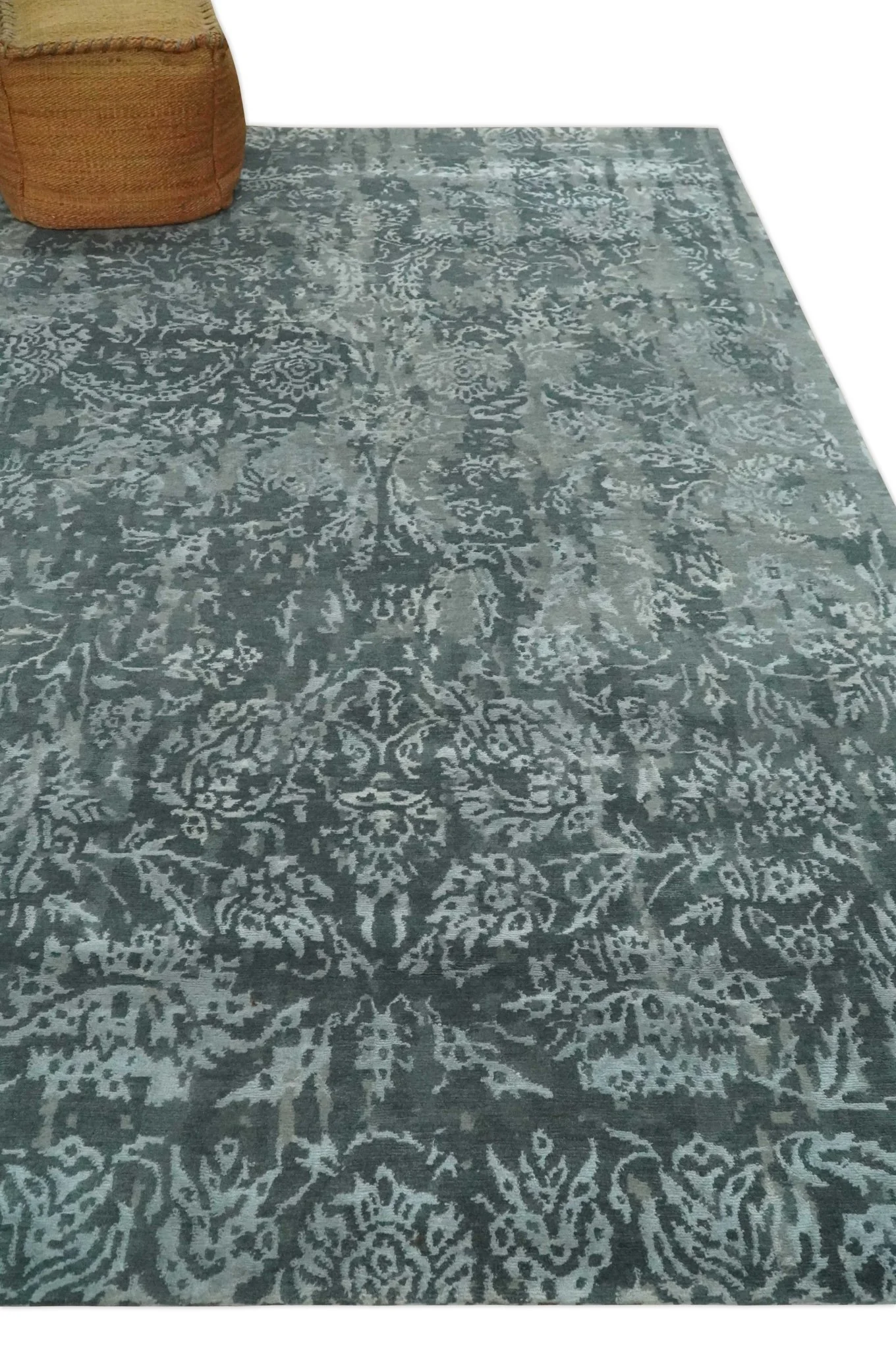 Modern Abstract Charcoal, Grey and Silver Hand Knotted 6x9.4 Floral Wool and Silk Area Rug - Image 3