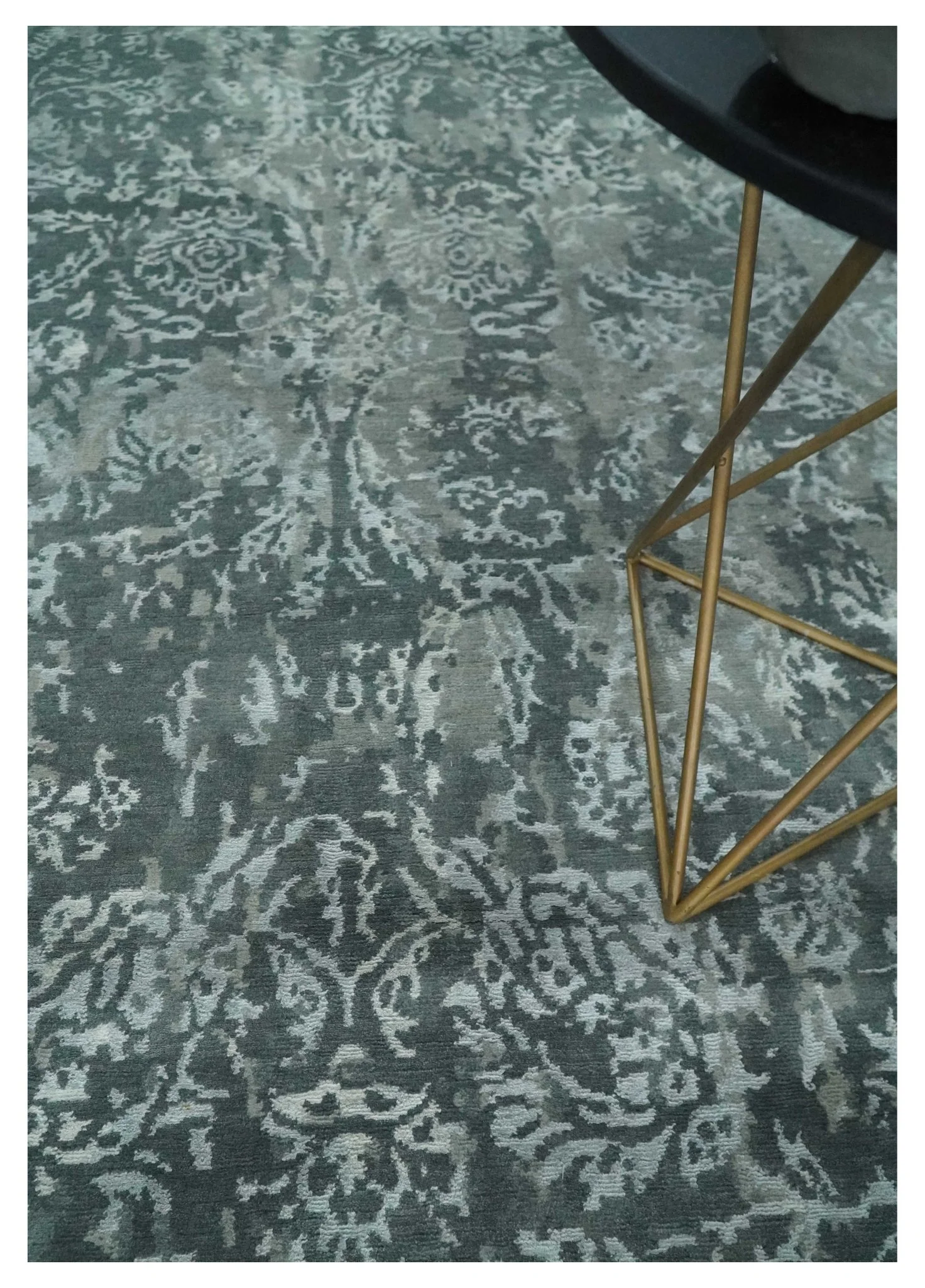 Modern Abstract Charcoal, Grey and Silver Hand Knotted 6x9.4 Floral Wool and Silk Area Rug - Image 4