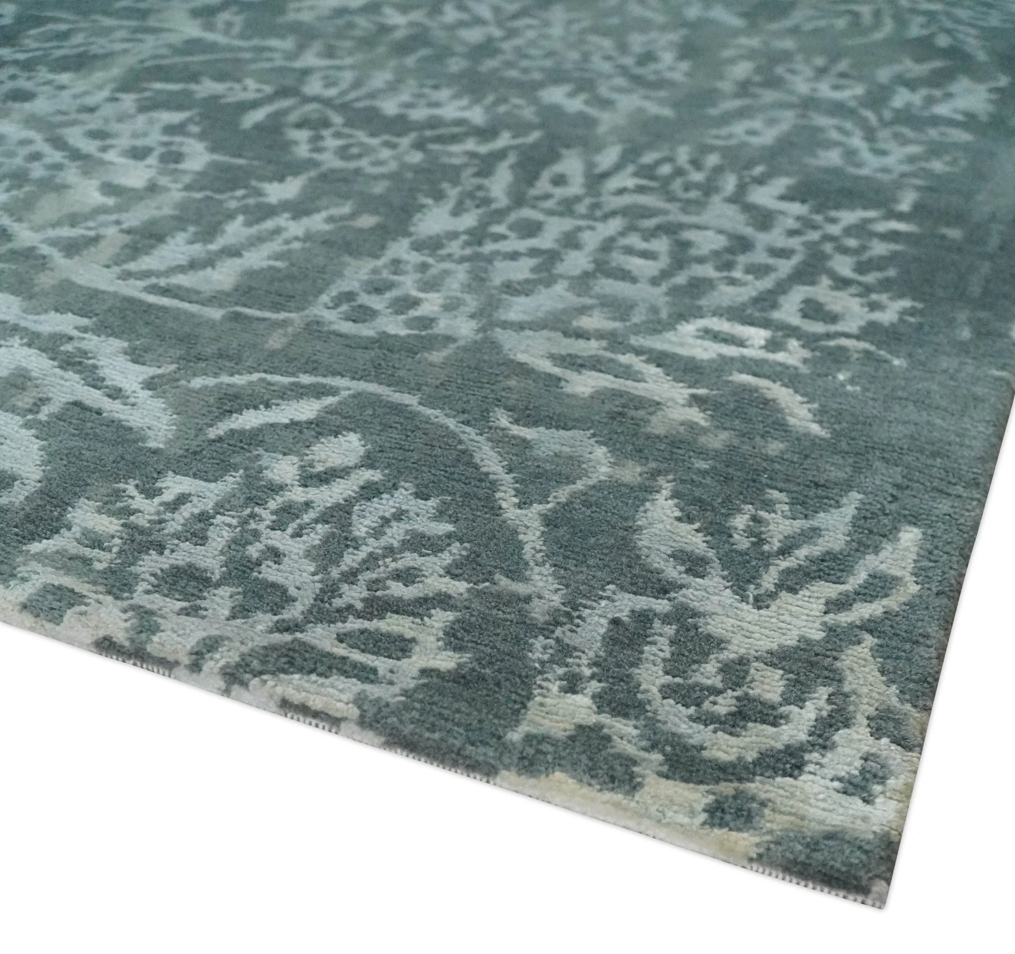 Modern Abstract Charcoal, Grey and Silver Hand Knotted 6x9.4 Floral Wool and Silk Area Rug - Image 6