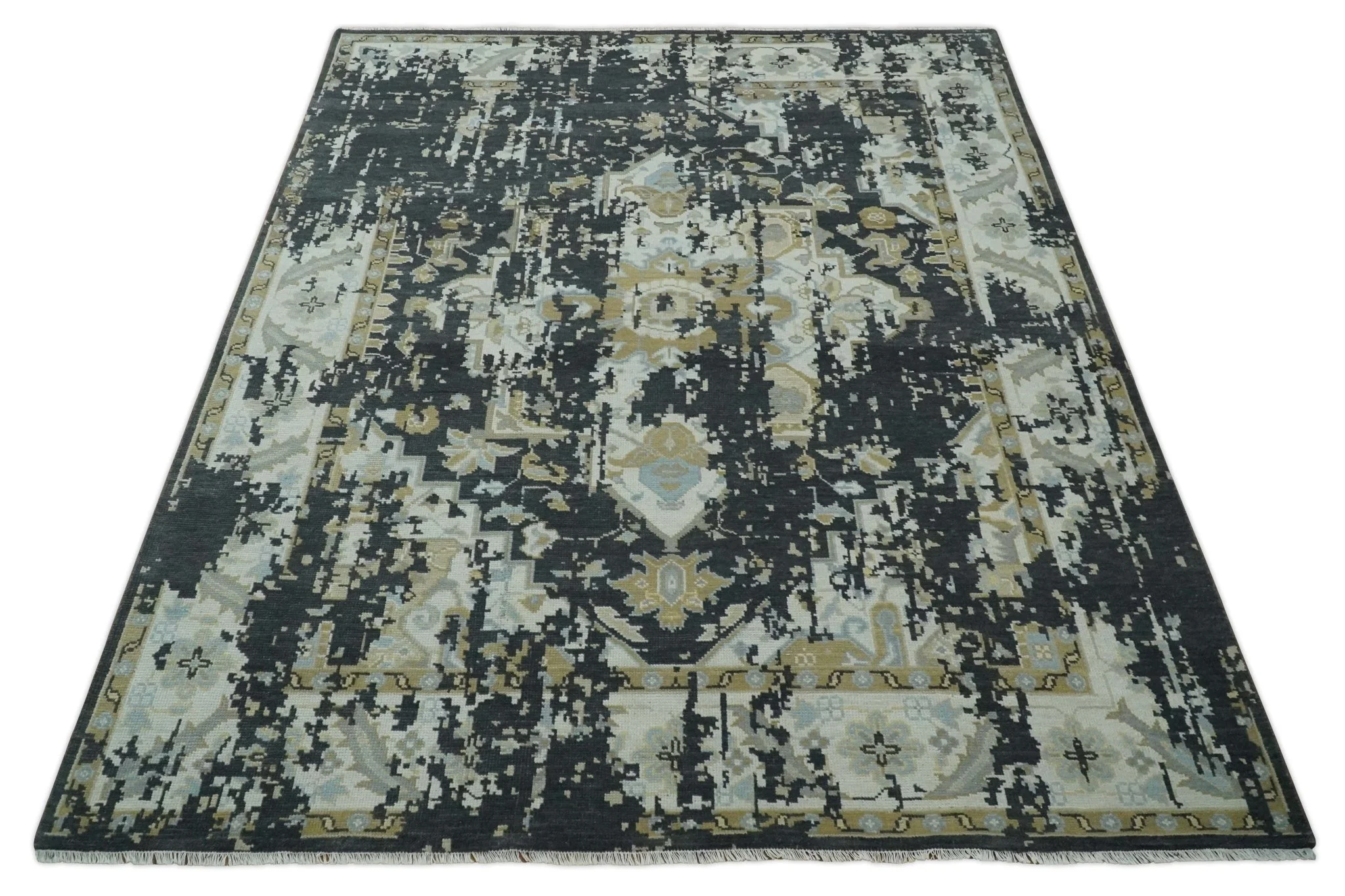 Custom Made Charcoal, Ivory and Beige Transitional Hand knotted wool Area Rug - Image 10