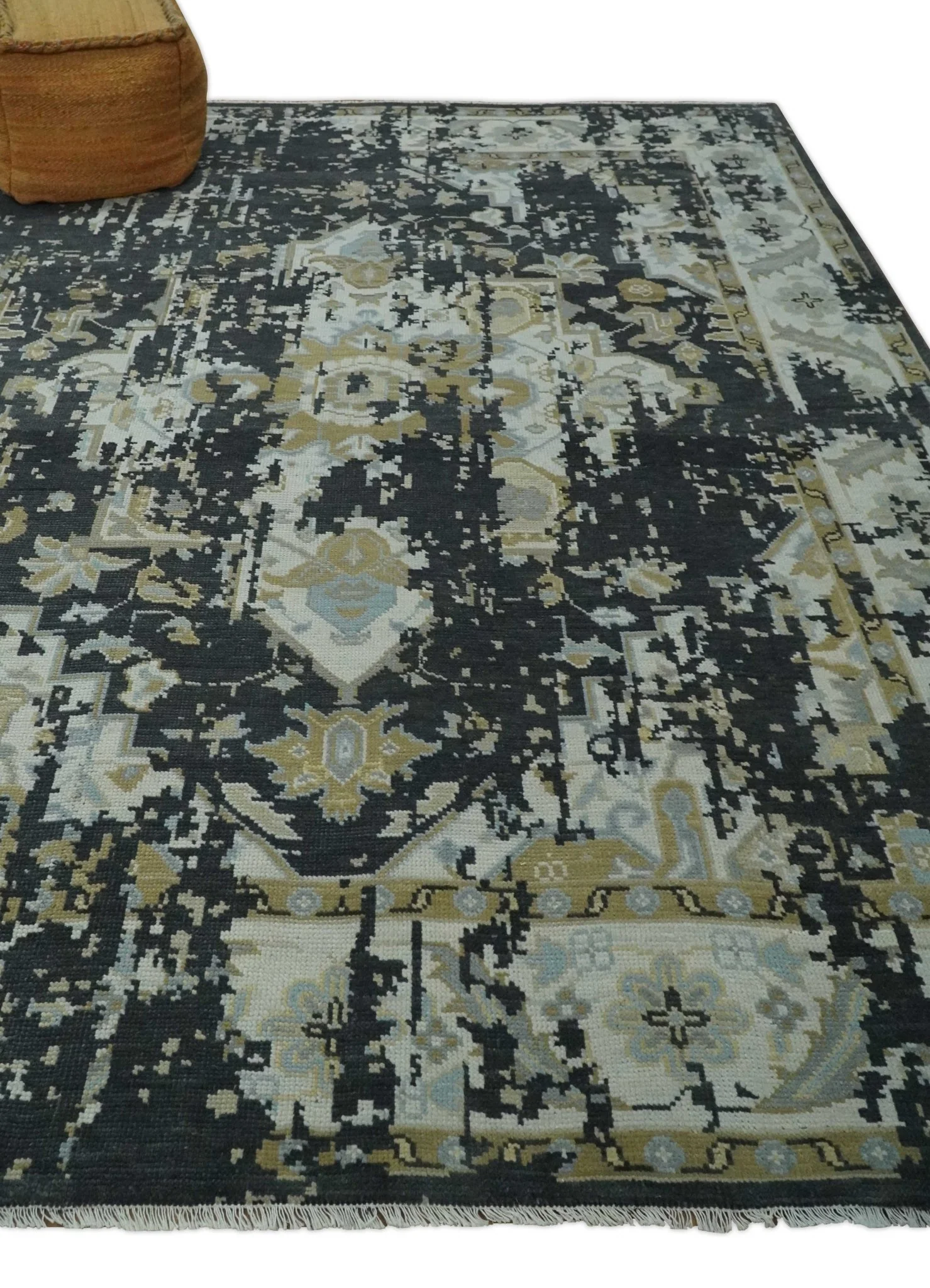 Custom Made Charcoal, Ivory and Beige Transitional Hand knotted wool Area Rug - Image 3