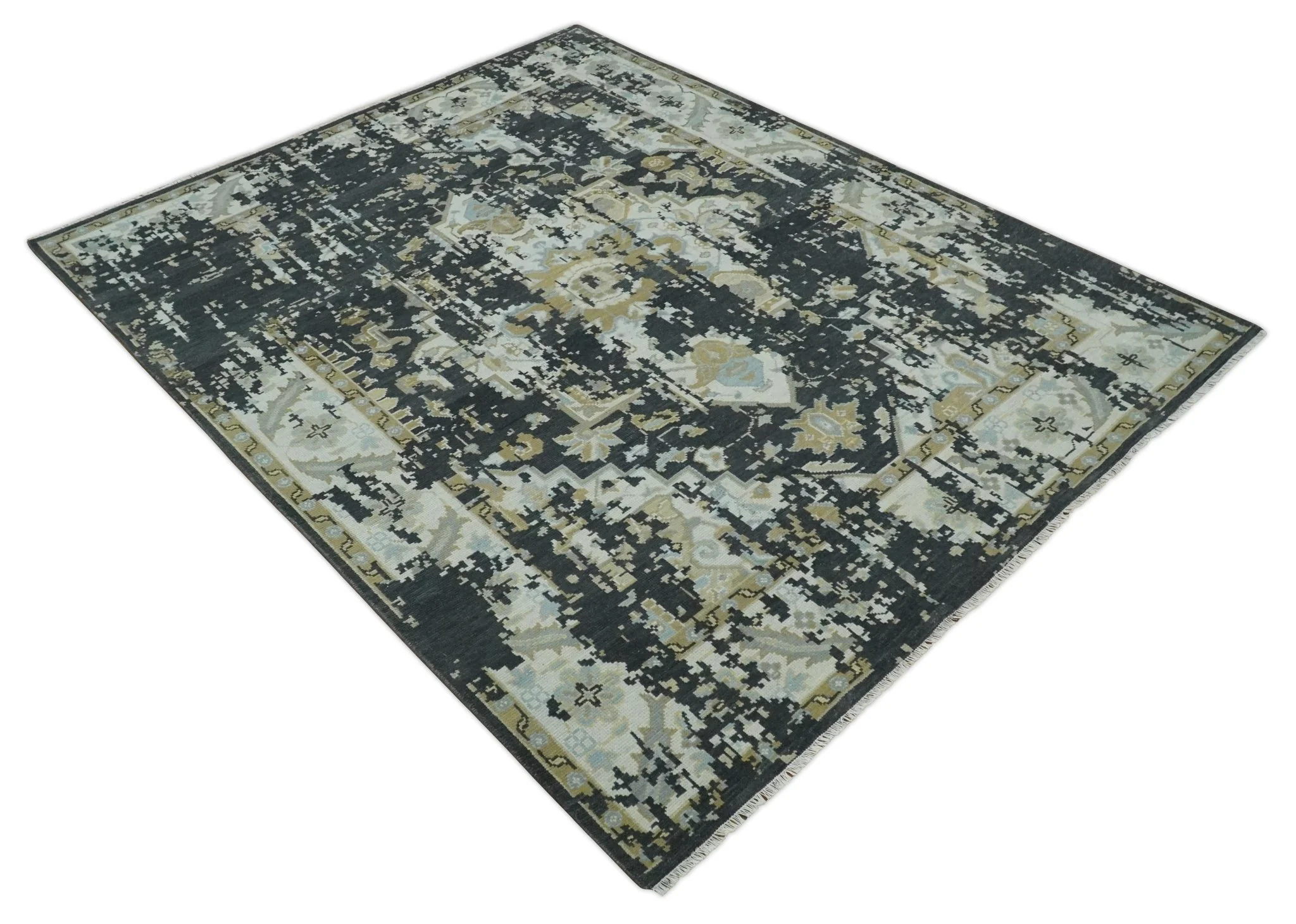 Custom Made Charcoal, Ivory and Beige Transitional Hand knotted wool Area Rug - Image 9