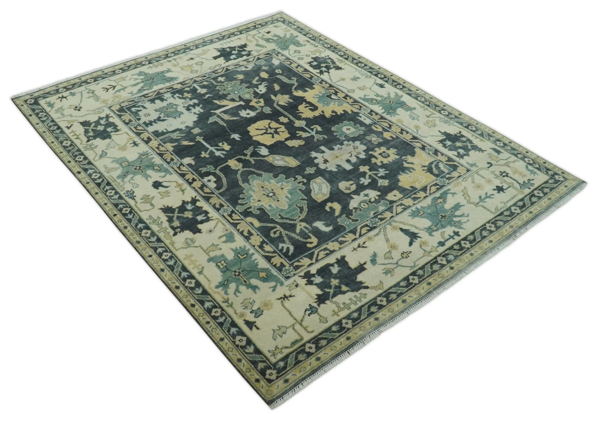 Hand Knotted 8x10 Charcoal, Ivory and Beige Traditional Oushak wool area rug - Image 10