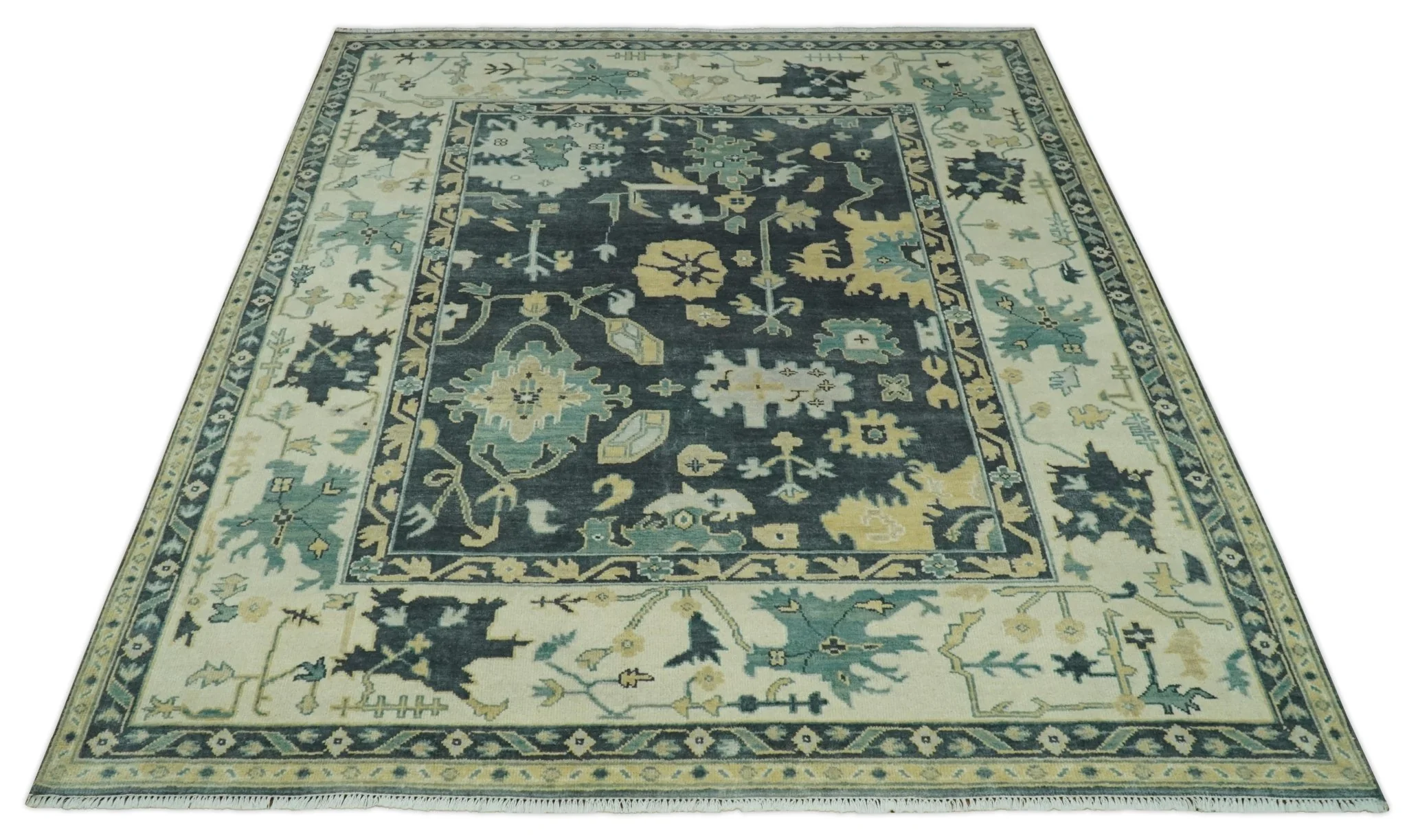 Hand Knotted 8x10 Charcoal, Ivory and Beige Traditional Oushak wool area rug - Image 11