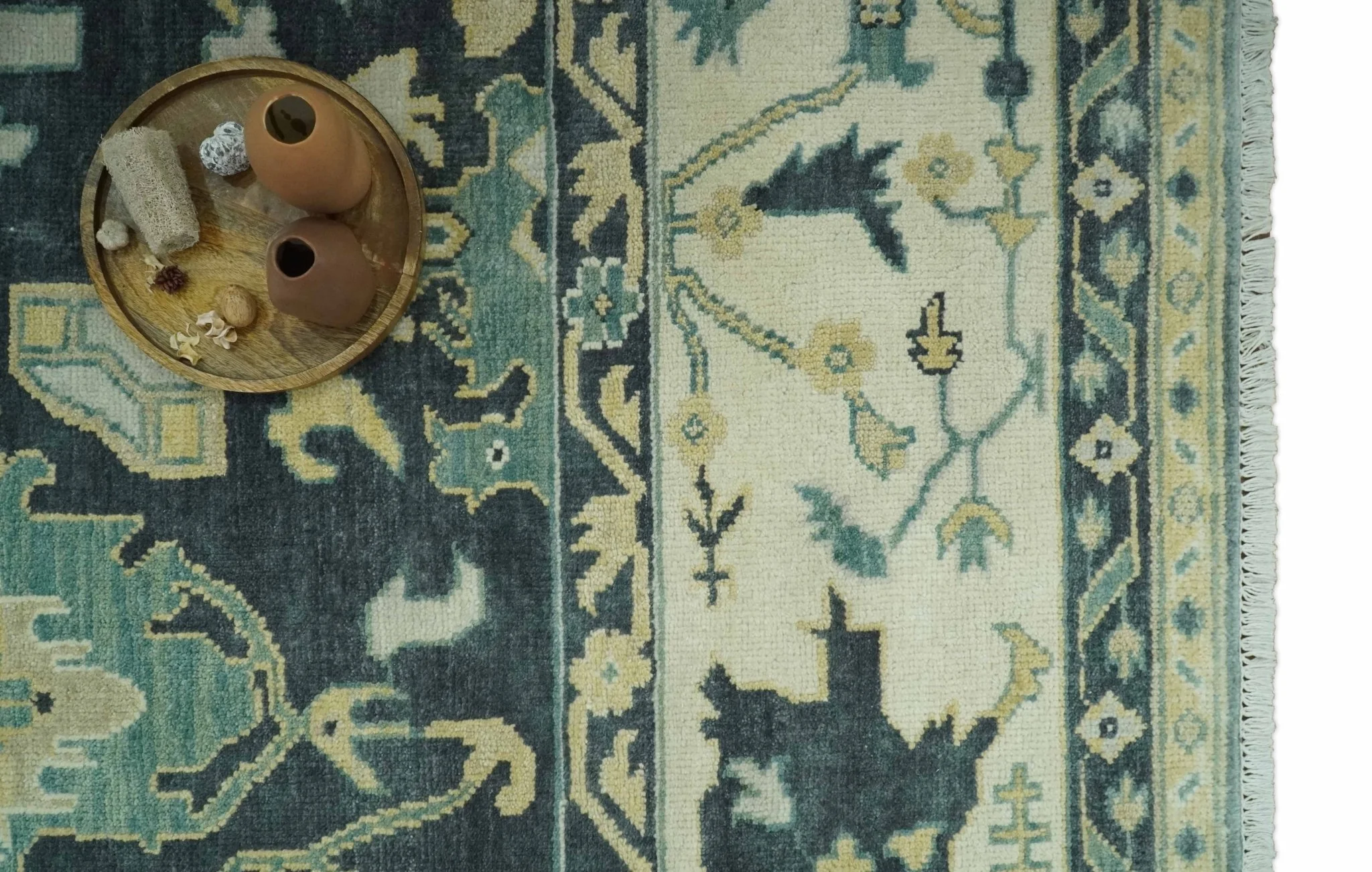 Hand Knotted 8x10 Charcoal, Ivory and Beige Traditional Oushak wool area rug - Image 12