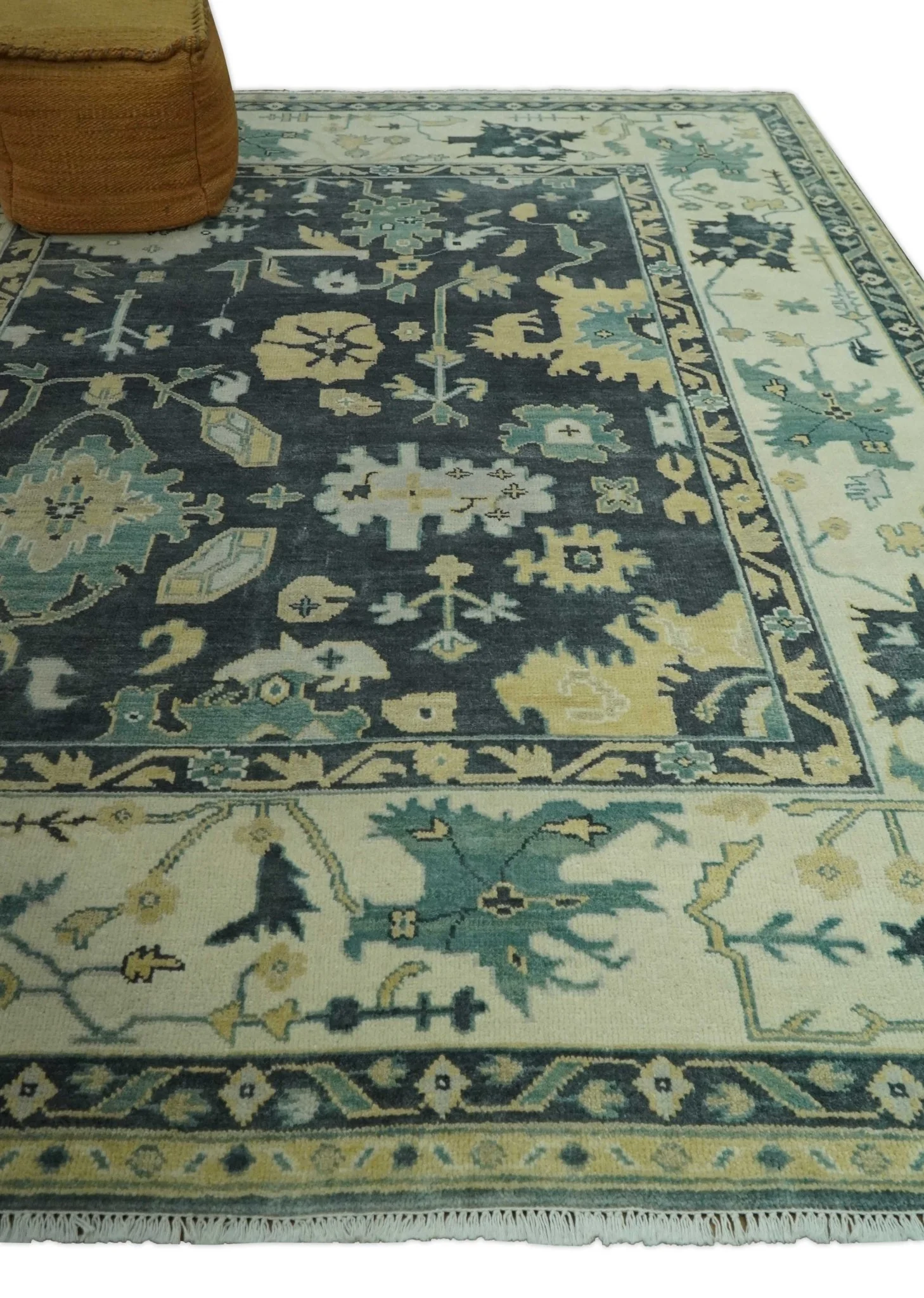 Hand Knotted 8x10 Charcoal, Ivory and Beige Traditional Oushak wool area rug - Image 3