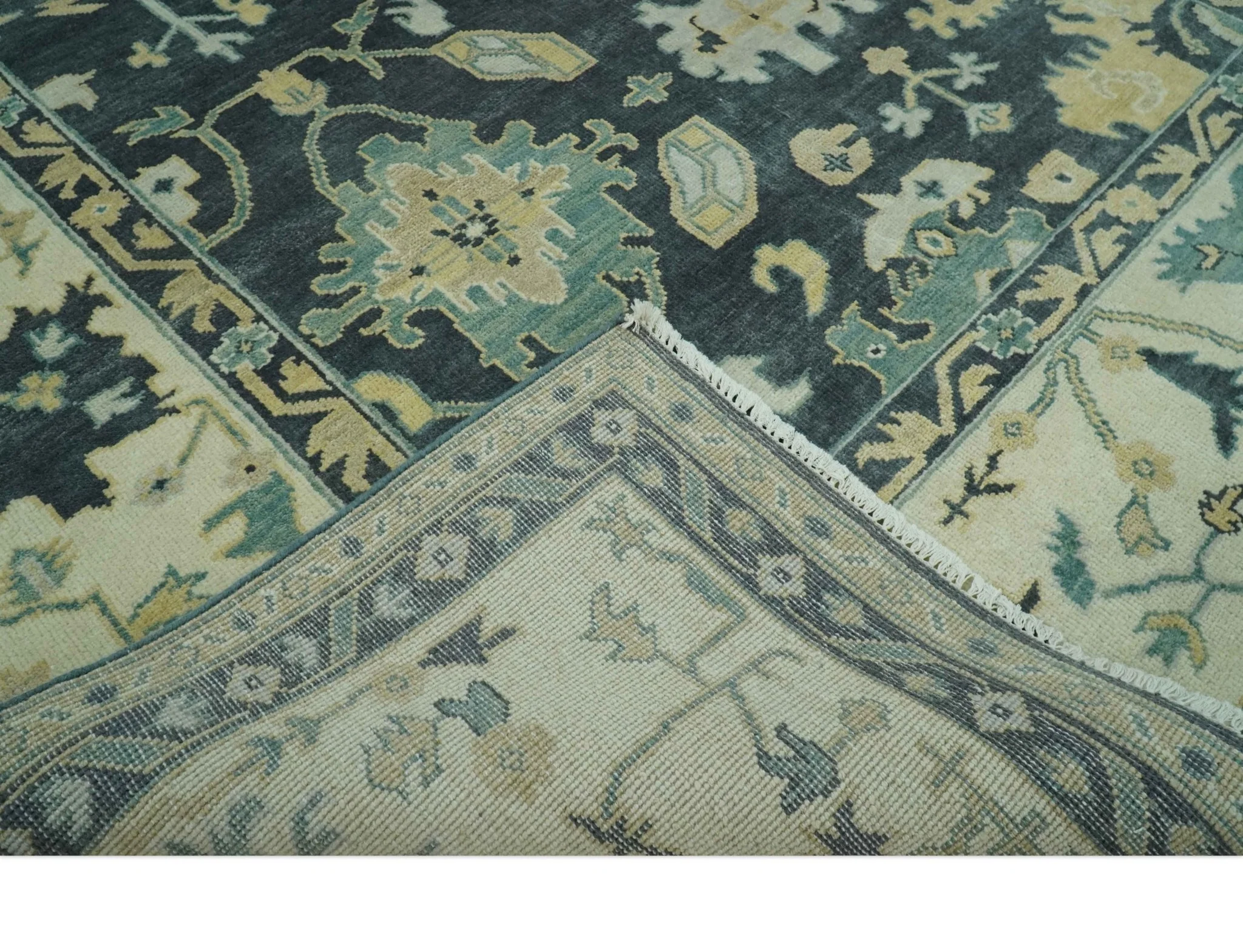 Hand Knotted 8x10 Charcoal, Ivory and Beige Traditional Oushak wool area rug - Image 7