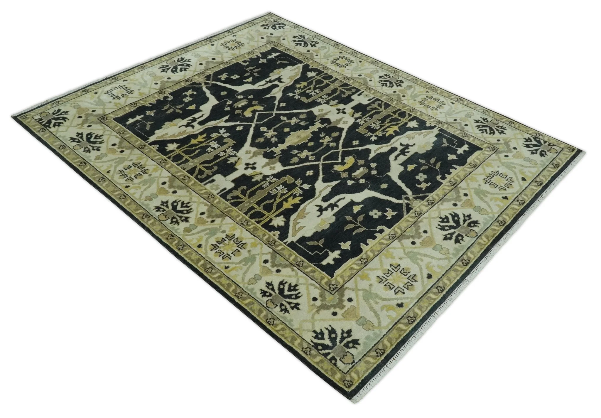Hand Knotted Charcoal, Ivory and Olive Oriental Oushak 8x10 Wool Area Rug - Image 10