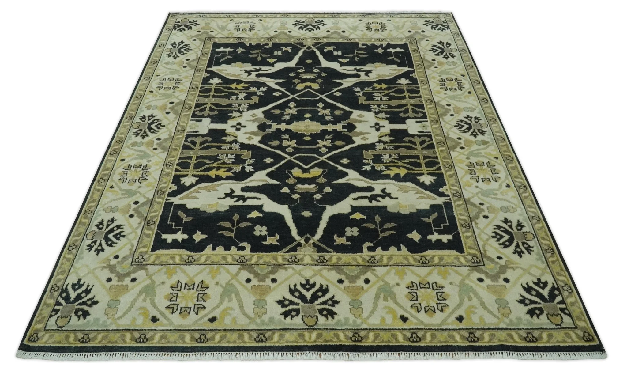 Hand Knotted Charcoal, Ivory and Olive Oriental Oushak 8x10 Wool Area Rug - Image 11