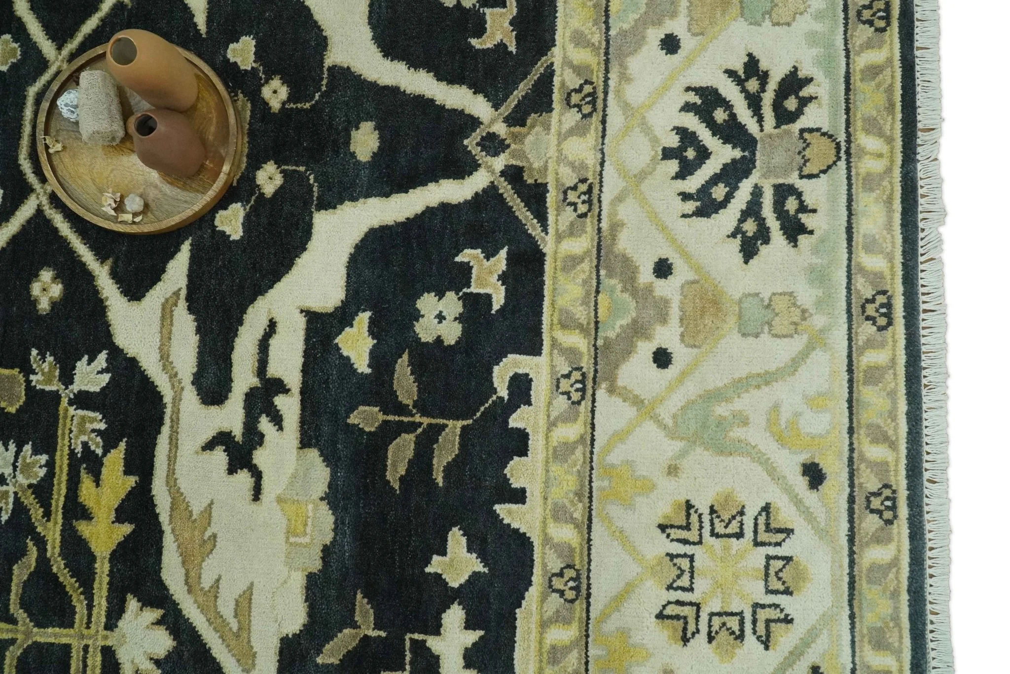 Hand Knotted Charcoal, Ivory and Olive Oriental Oushak 8x10 Wool Area Rug - Image 12