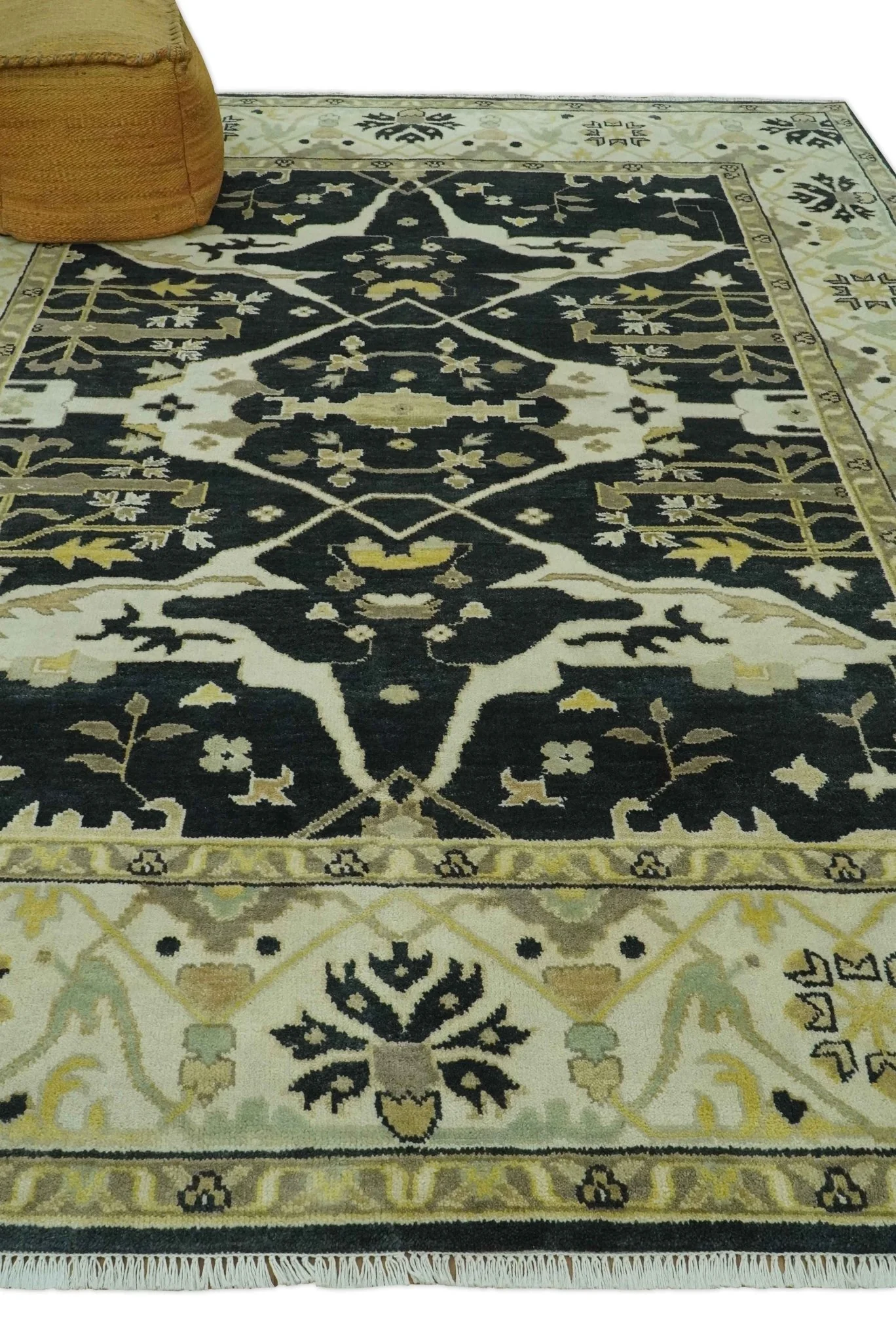 Hand Knotted Charcoal, Ivory and Olive Oriental Oushak 8x10 Wool Area Rug - Image 4