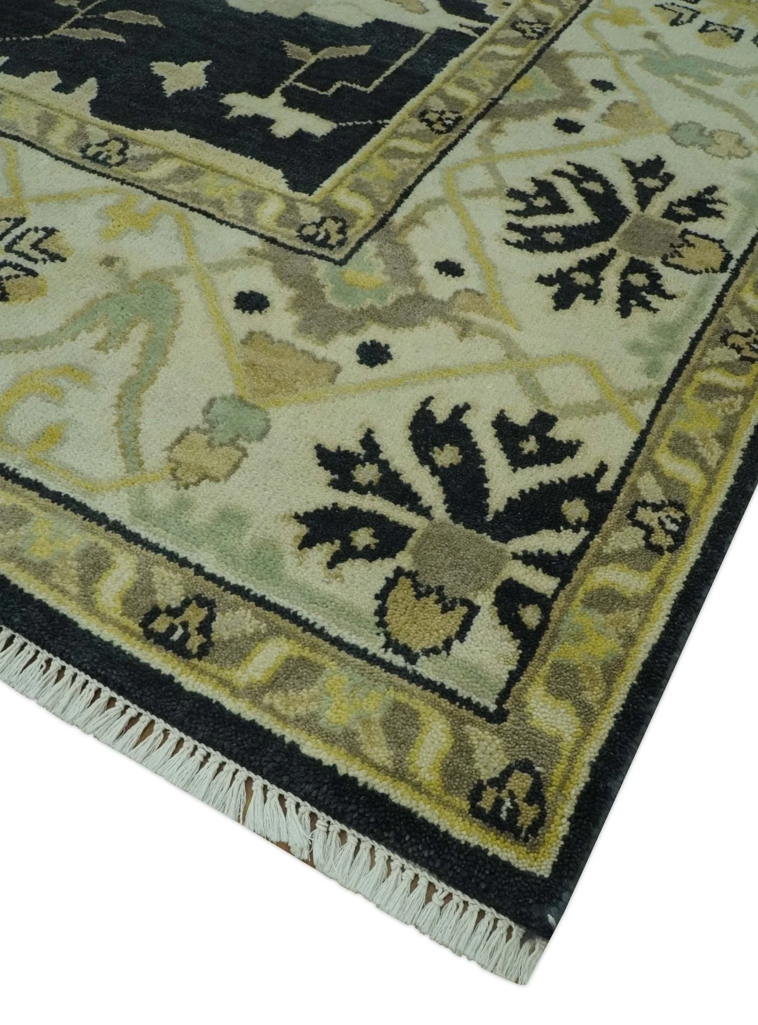 Hand Knotted Charcoal, Ivory and Olive Oriental Oushak 8x10 Wool Area Rug - Image 6