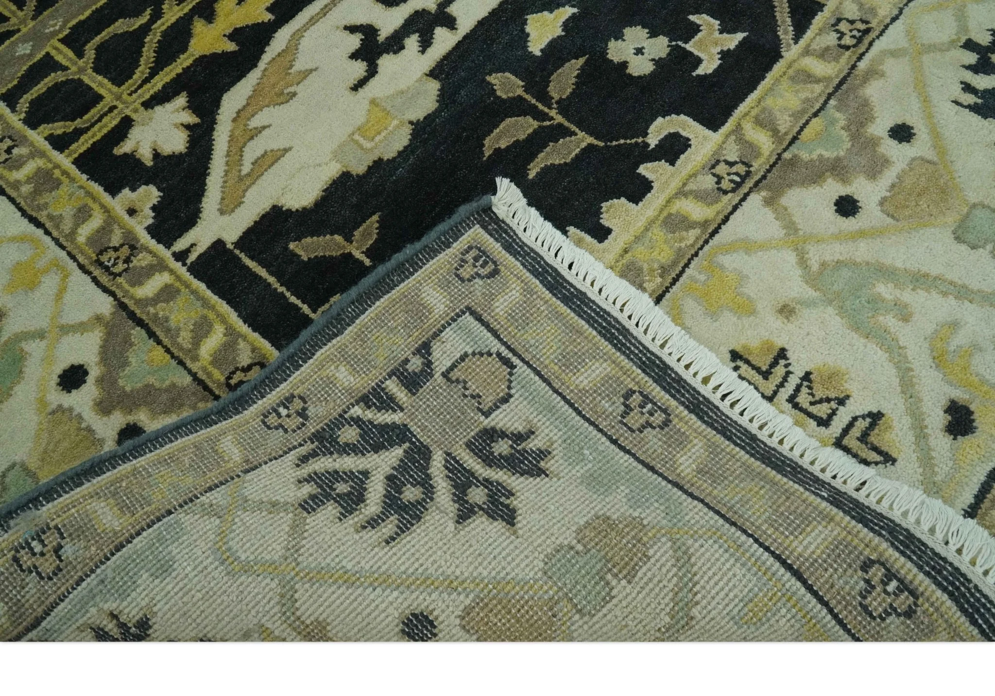 Hand Knotted Charcoal, Ivory and Olive Oriental Oushak 8x10 Wool Area Rug - Image 9