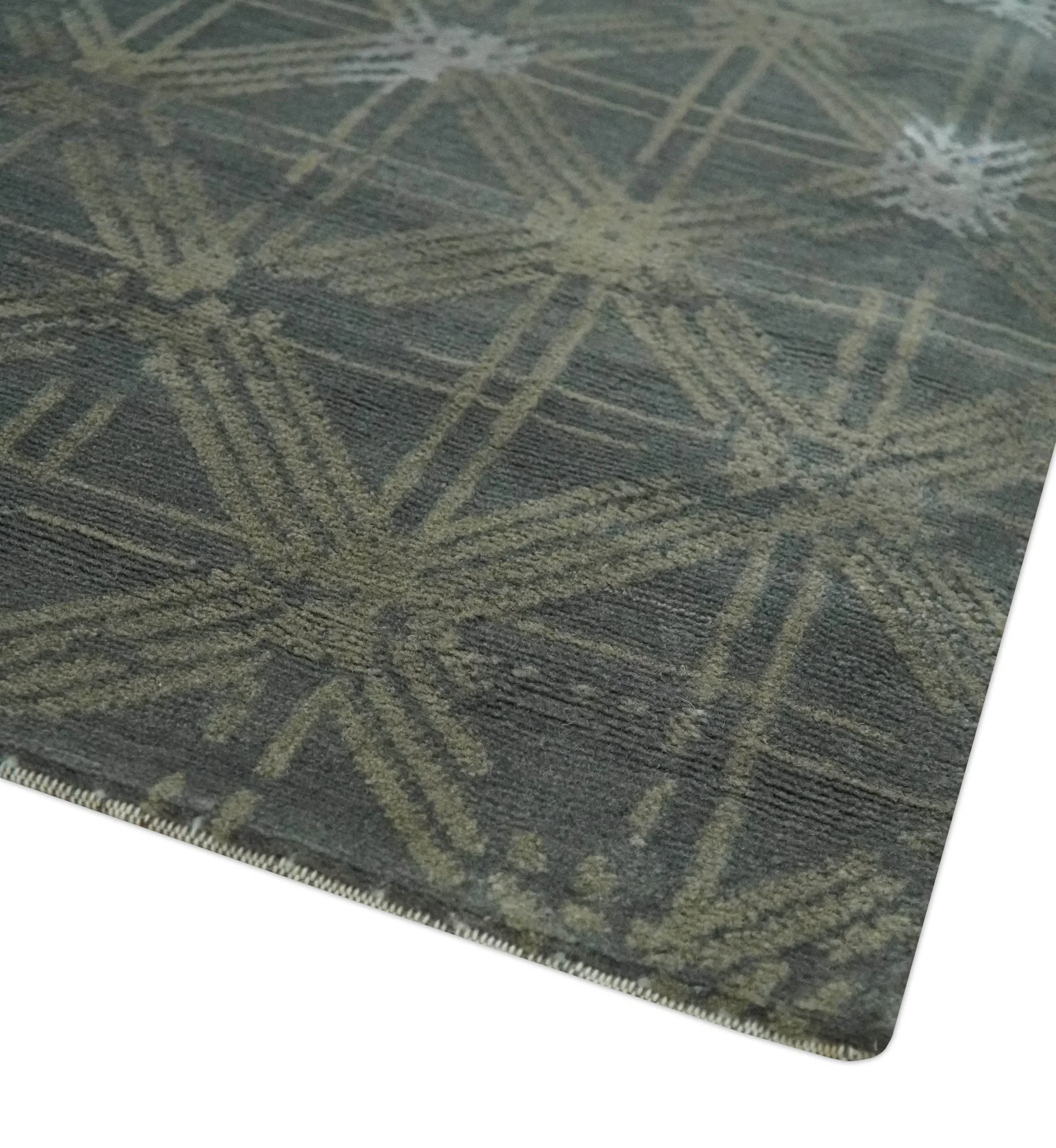 Antique look Charcoal, Ivory and Olive Geometrical Stripes Pattern Hand knotted 6x9 wool and Art Silk Area Rug - Image 4