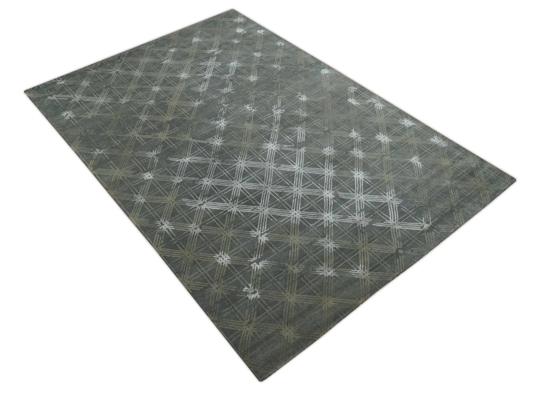 Antique look Charcoal, Ivory and Olive Geometrical Stripes Pattern Hand knotted 6x9 wool and Art Silk Area Rug - Image 8