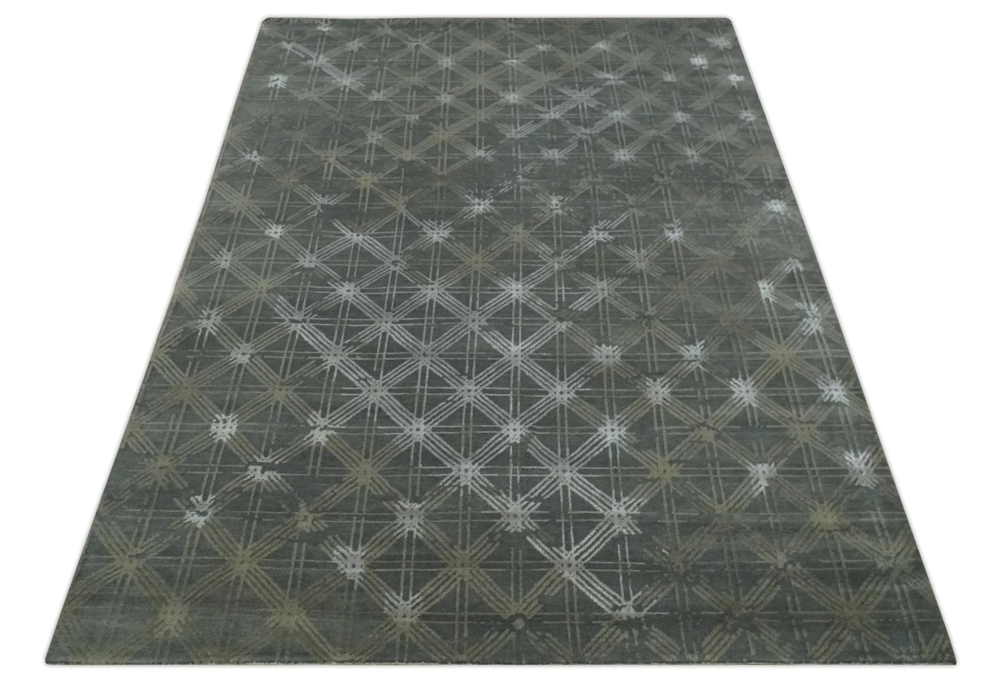 Antique look Charcoal, Ivory and Olive Geometrical Stripes Pattern Hand knotted 6x9 wool and Art Silk Area Rug - Image 9