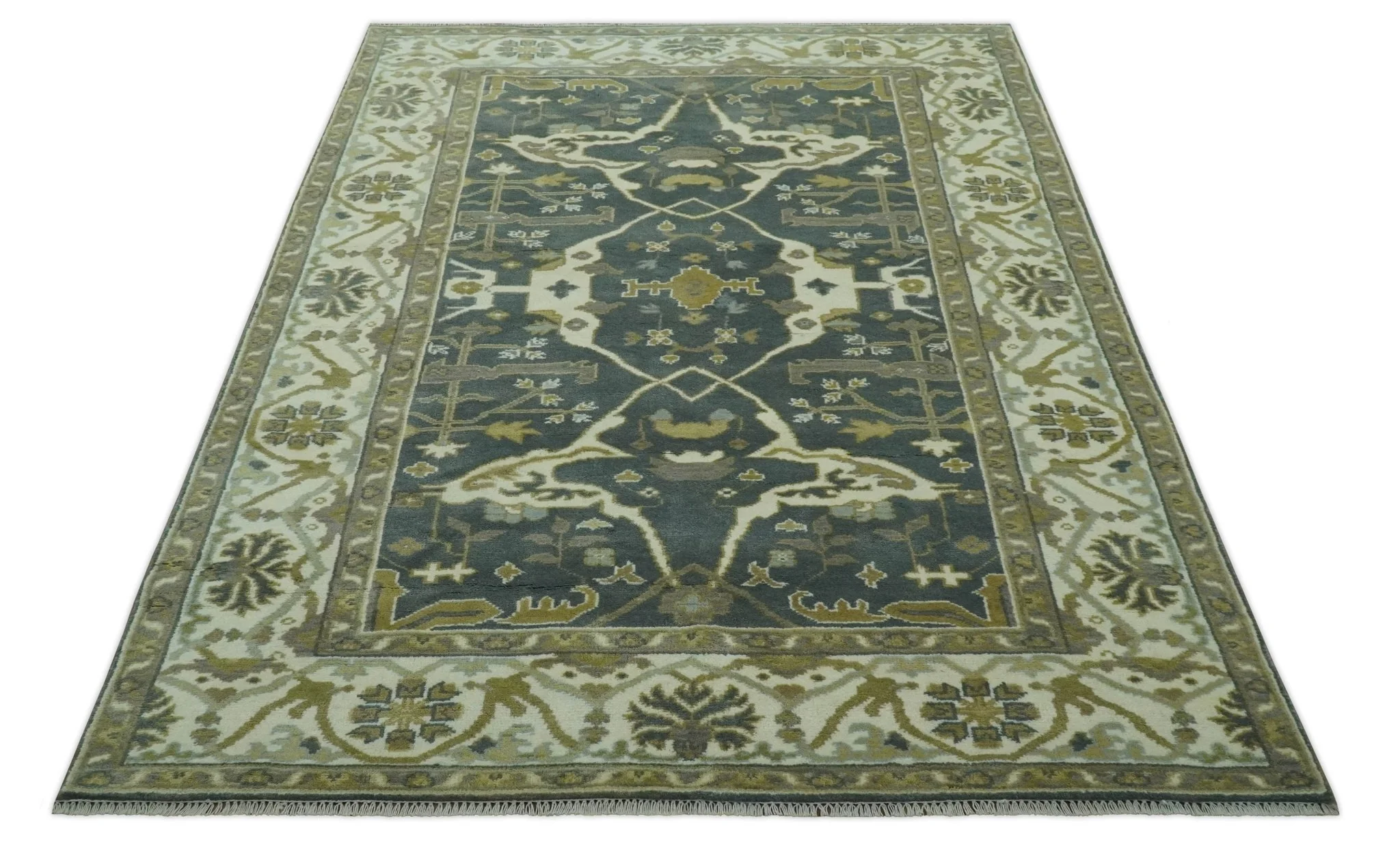 Antique look Charcoal, Ivory and Olive Hand Knotted Traditional Oriental Oushak wool rug - Image 10