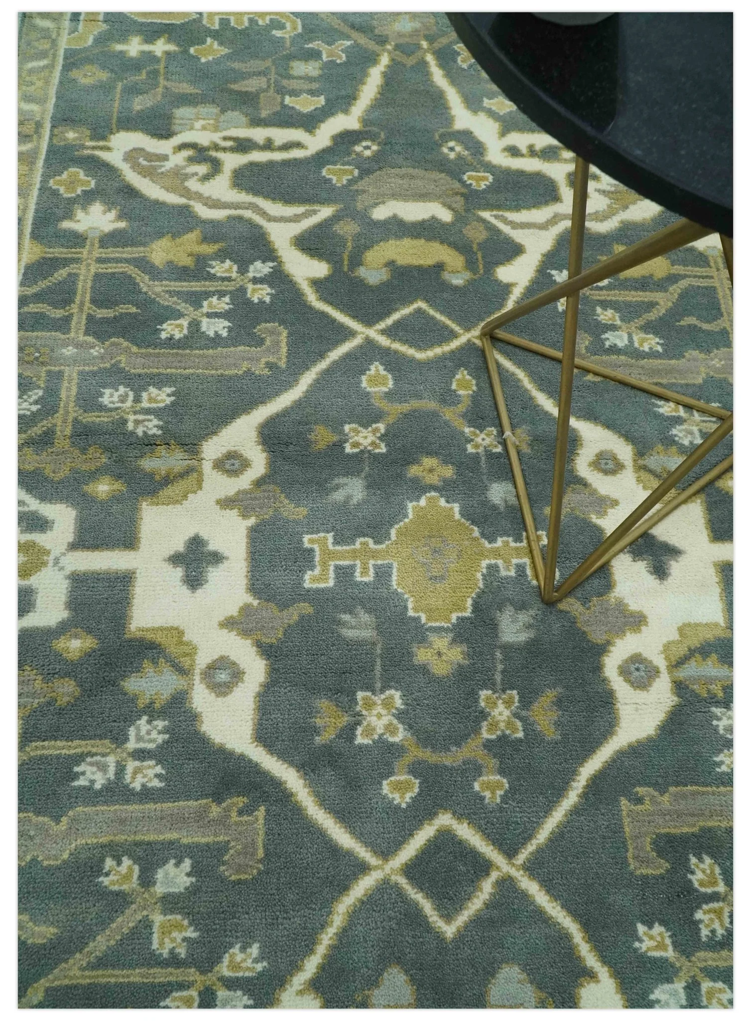 Antique look Charcoal, Ivory and Olive Hand Knotted Traditional Oriental Oushak wool rug - Image 2