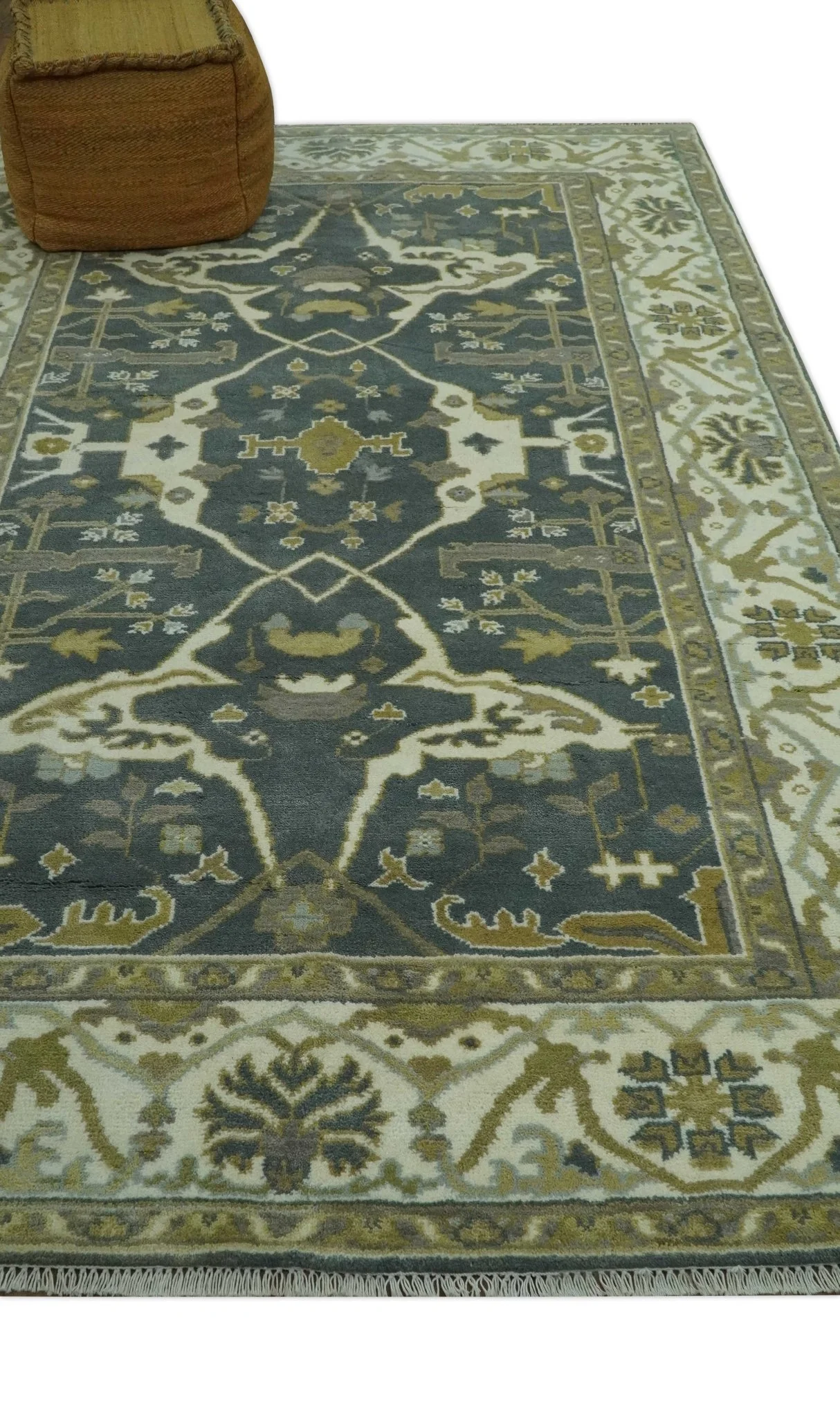 Antique look Charcoal, Ivory and Olive 6x9 Hand Knotted Traditional Oriental Oushak wool rug - Image 3