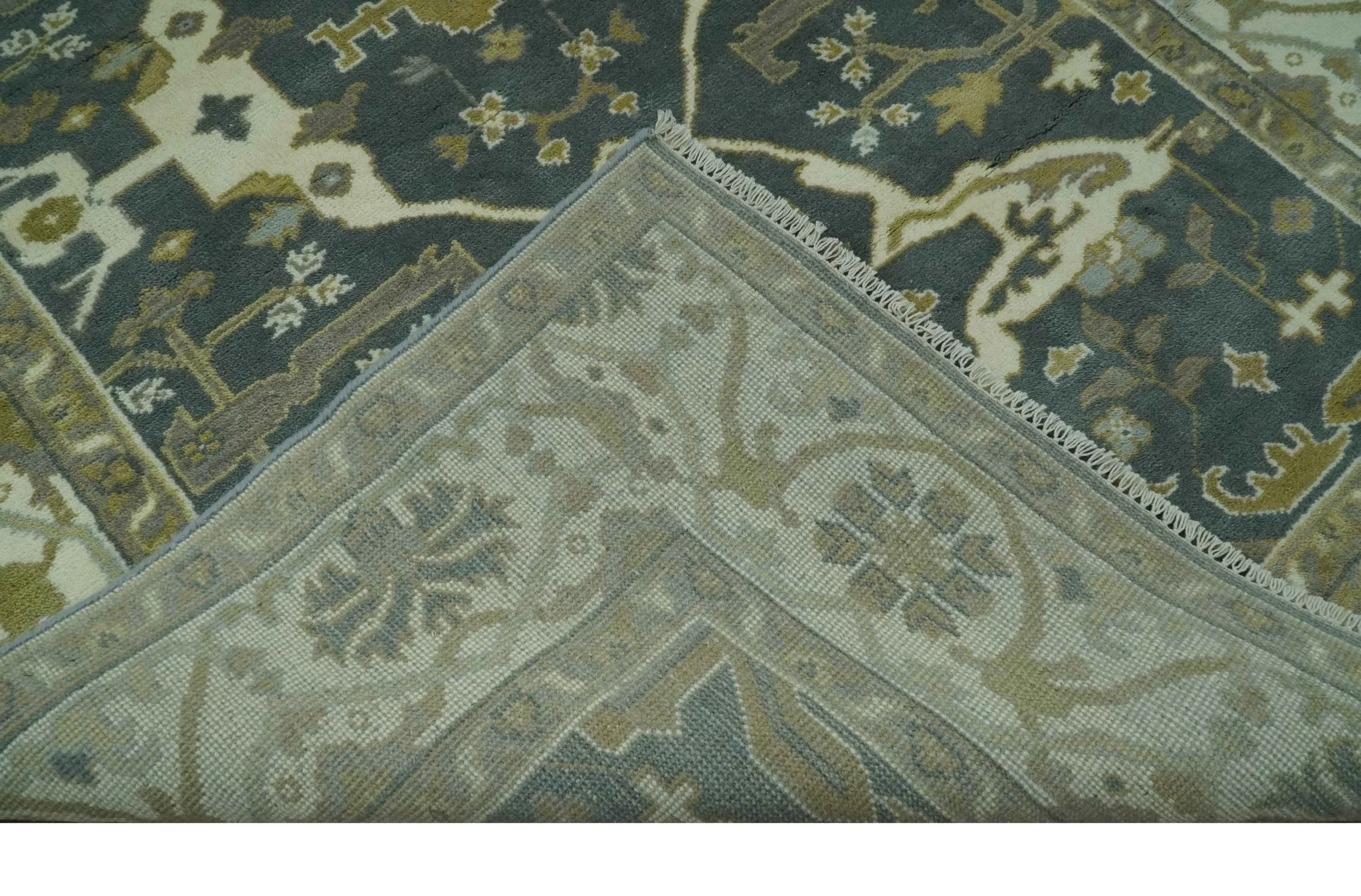 Antique look Charcoal, Ivory and Olive 6x9 Hand Knotted Traditional Oriental Oushak wool rug - Image 7