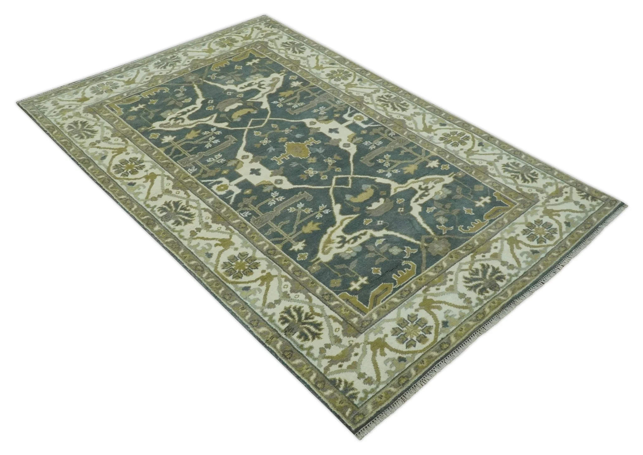 Antique look Charcoal, Ivory and Olive 6x9 Hand Knotted Traditional Oriental Oushak wool rug - Image 9