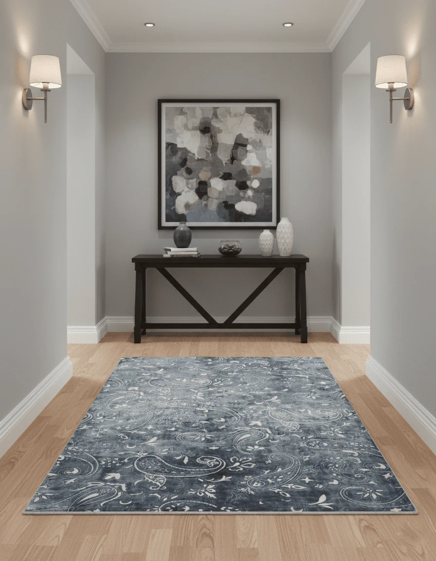 Premium look Charcoal, Ivory and Silver Hand loom Traditional Boteh Design Wool and Viscose Area Rug - Image 2