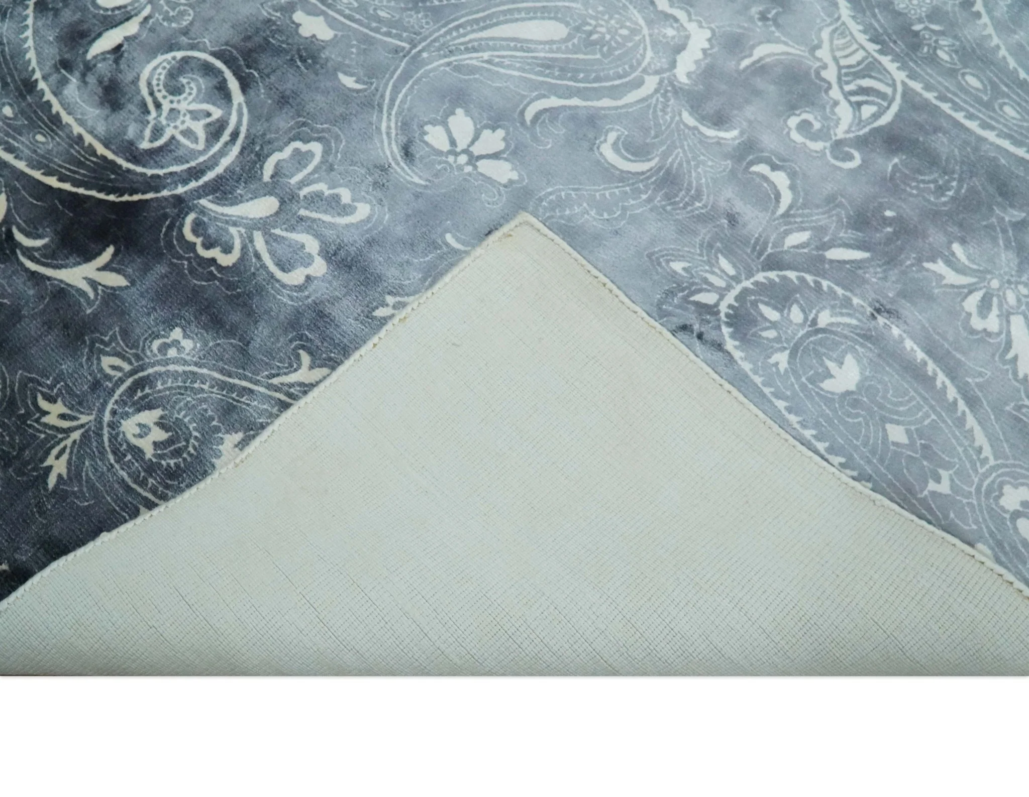 Premium look Charcoal, Ivory and Silver Hand loom Traditional Boteh Design Wool and Viscose Area Rug - Image 8