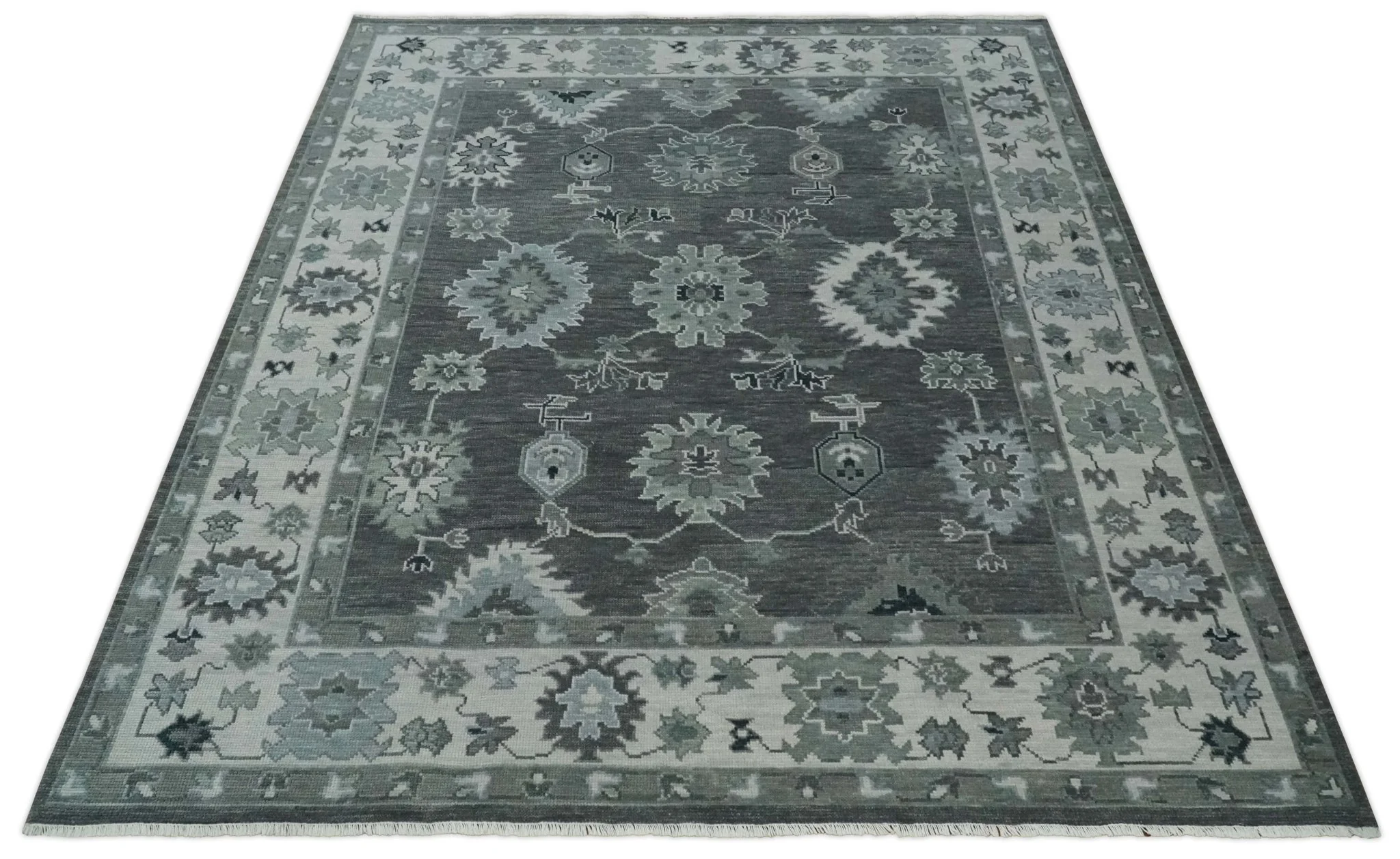 Antique look Charcoal, Ivory and Silver Hand knotted Traditional Oushak Custom Made wool Area Rug - Image 10