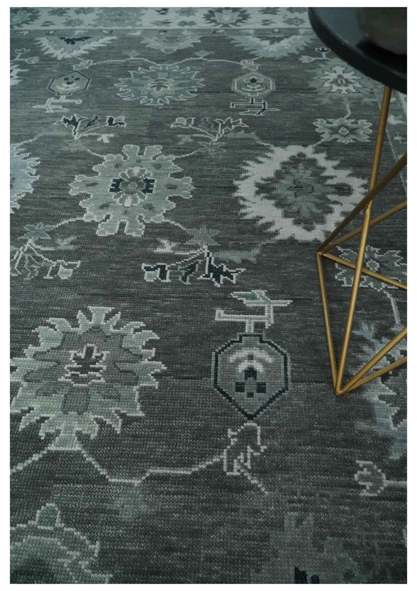 Antique look Charcoal, Ivory and Silver Hand knotted Traditional Oushak Custom Made wool Area Rug - Image 2