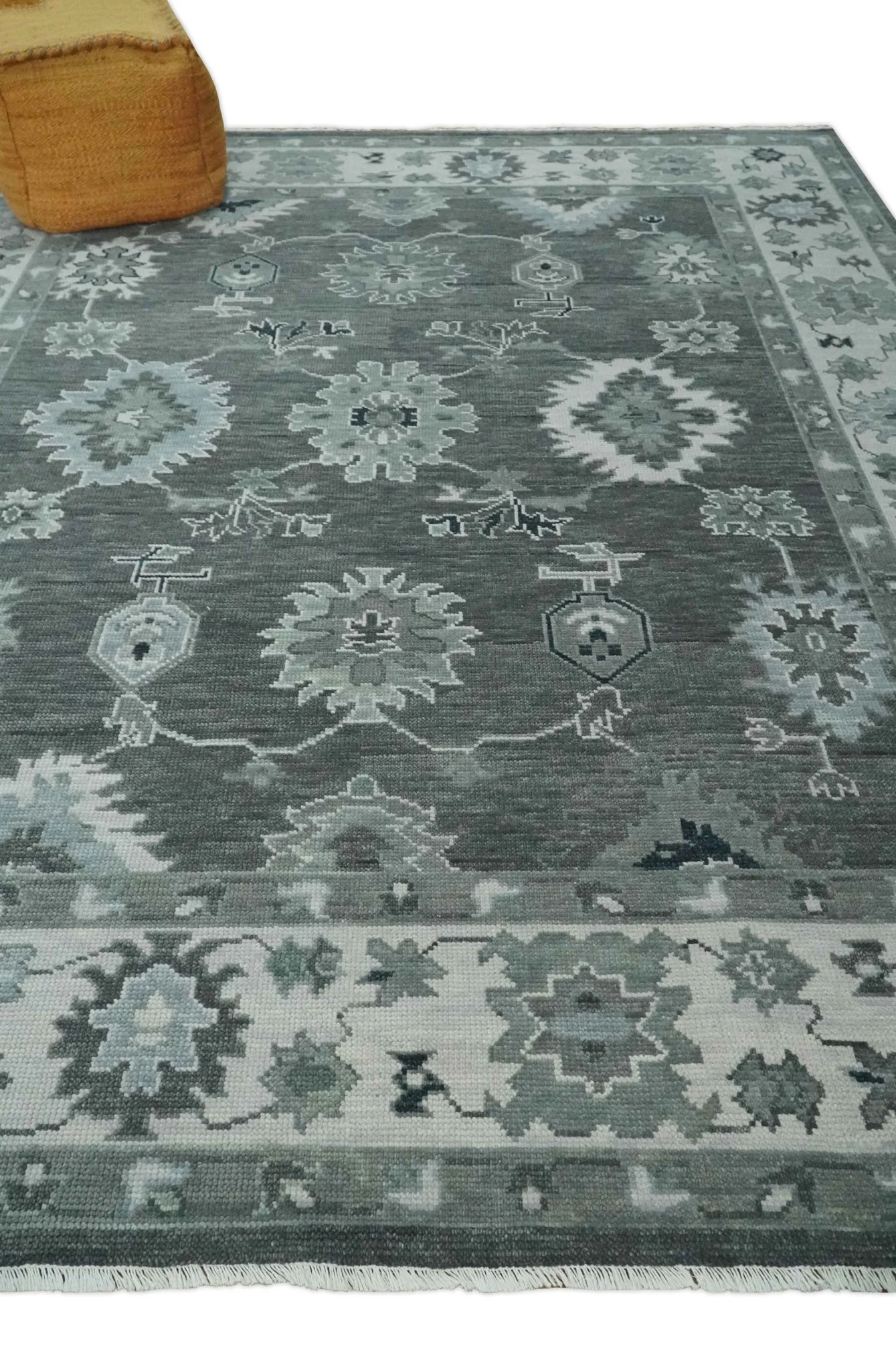 Antique look Charcoal, Ivory and Silver Hand knotted Traditional Oushak Custom Made wool Area Rug - Image 3