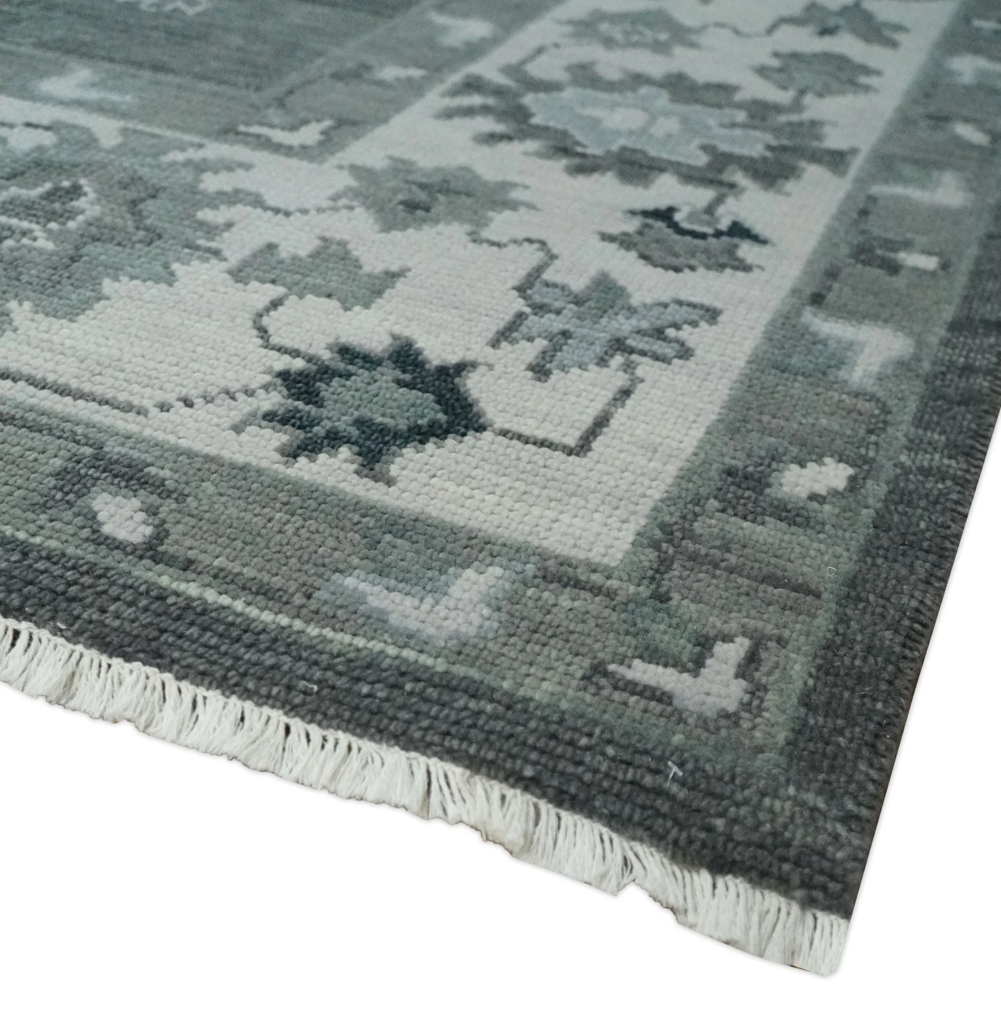 Antique look Charcoal, Ivory and Silver Hand knotted Traditional Oushak Custom Made wool Area Rug - Image 5