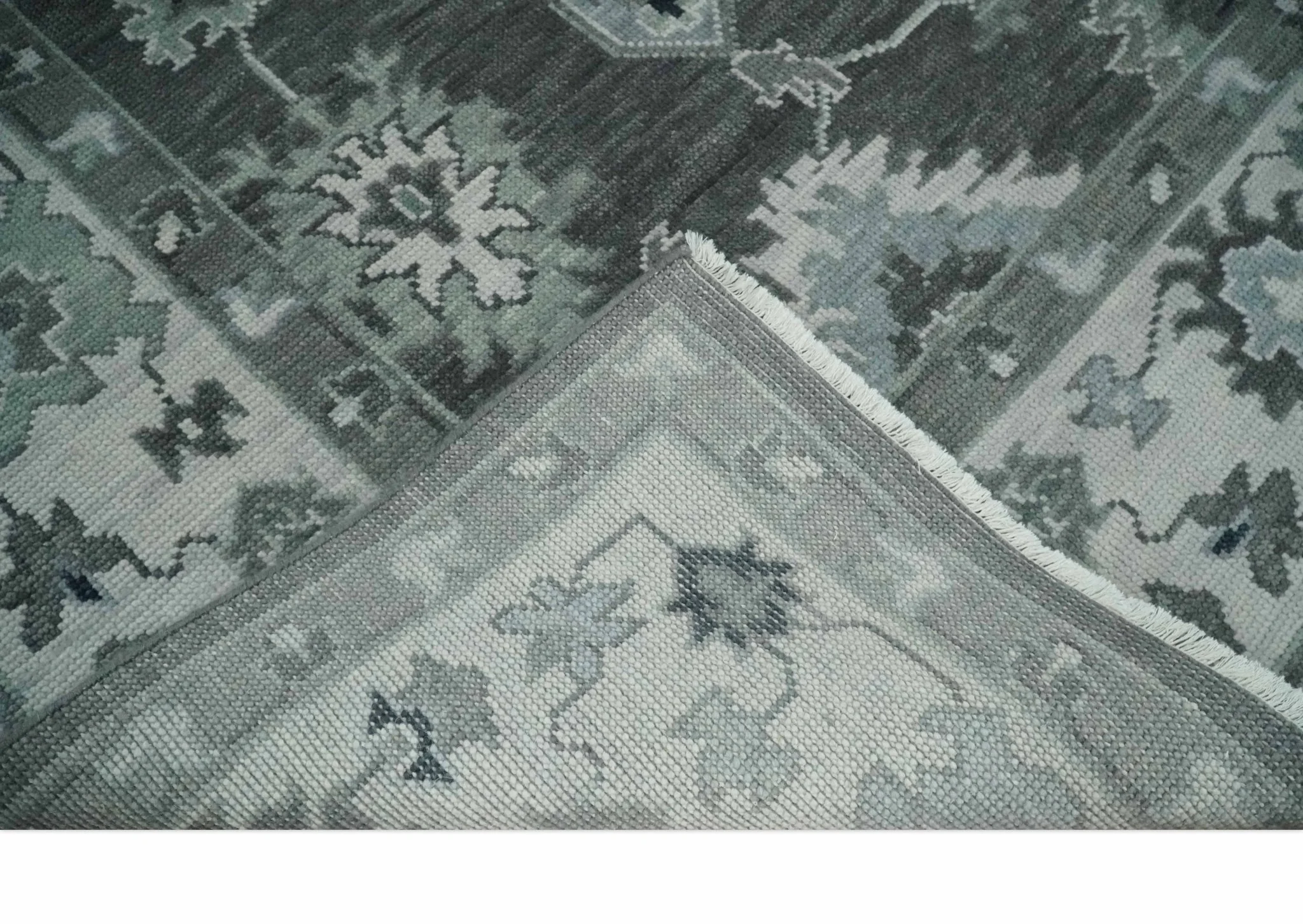 Antique look Charcoal, Ivory and Silver Hand knotted Traditional Oushak Custom Made wool Area Rug - Image 7