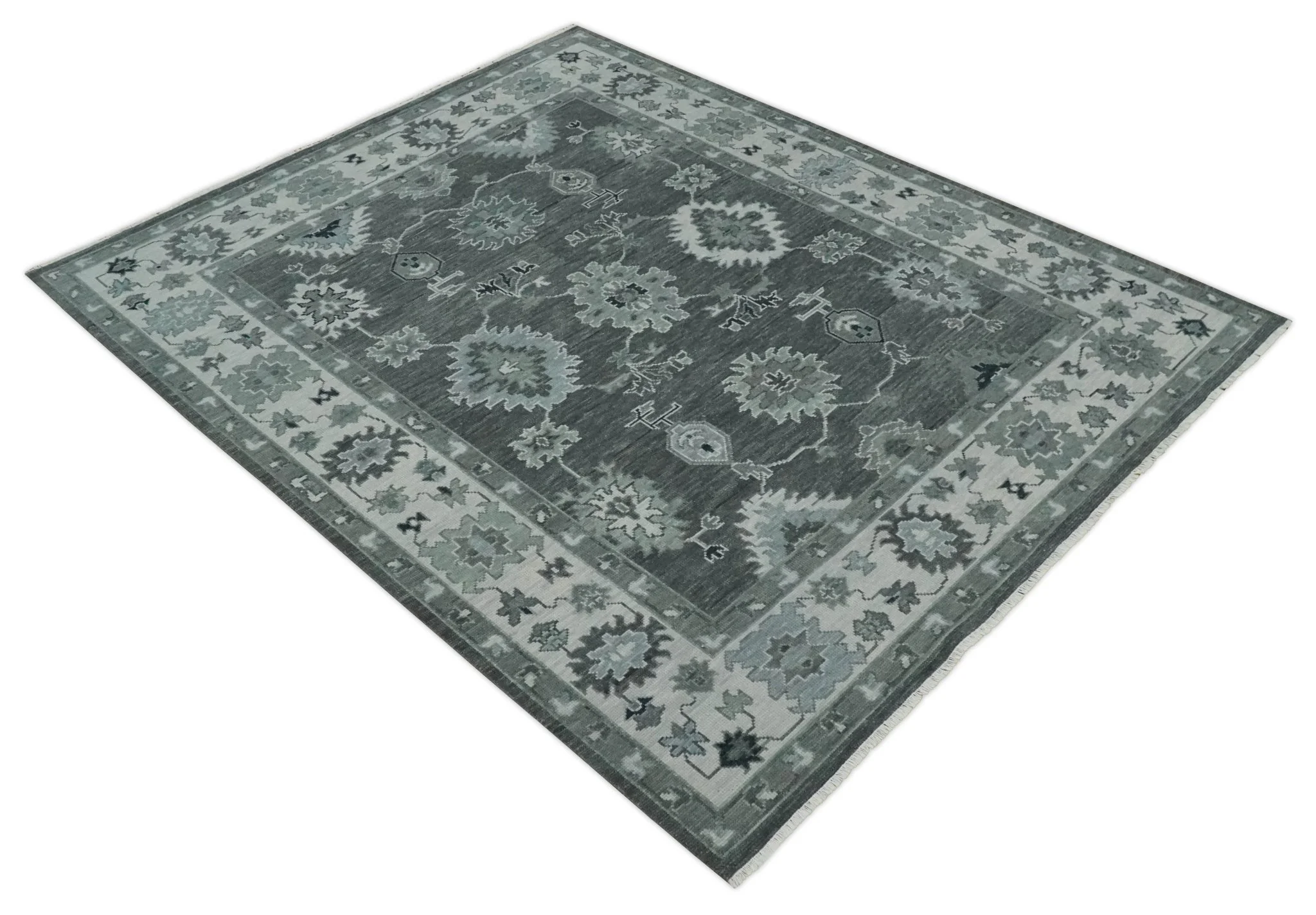 Antique look Charcoal, Ivory and Silver Hand knotted Traditional Oushak Custom Made wool Area Rug - Image 9