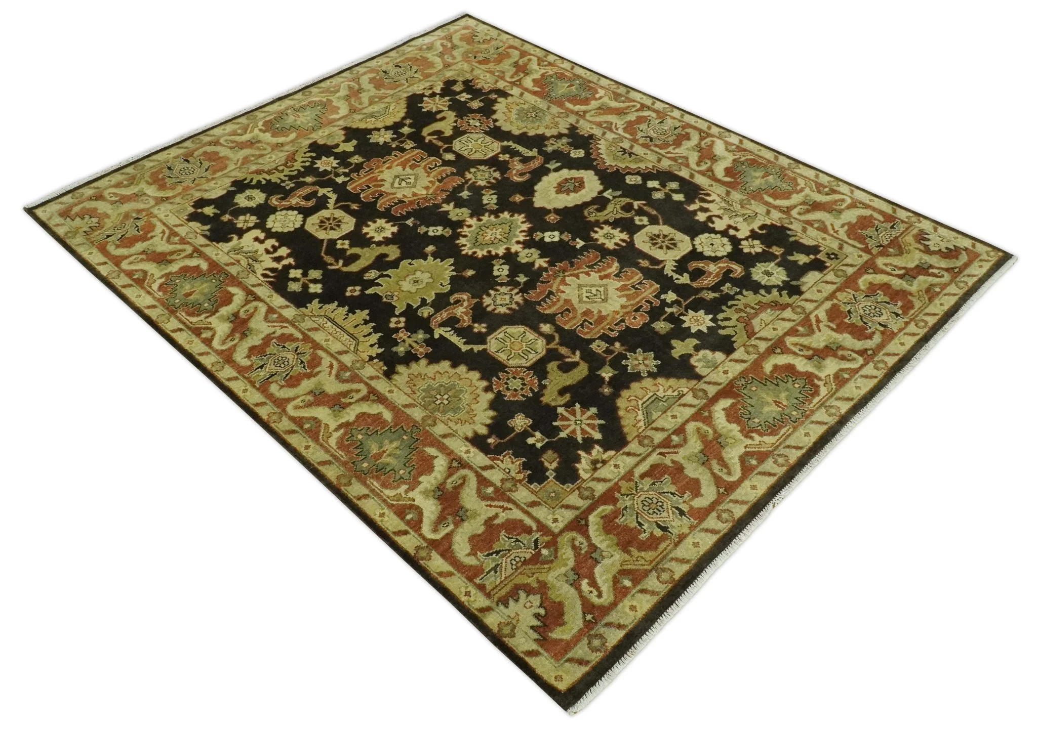 Charcoal, Olive and Rust Hand Knotted 8x10 Traditional Style Oushak Wool Area Rug - Image 10