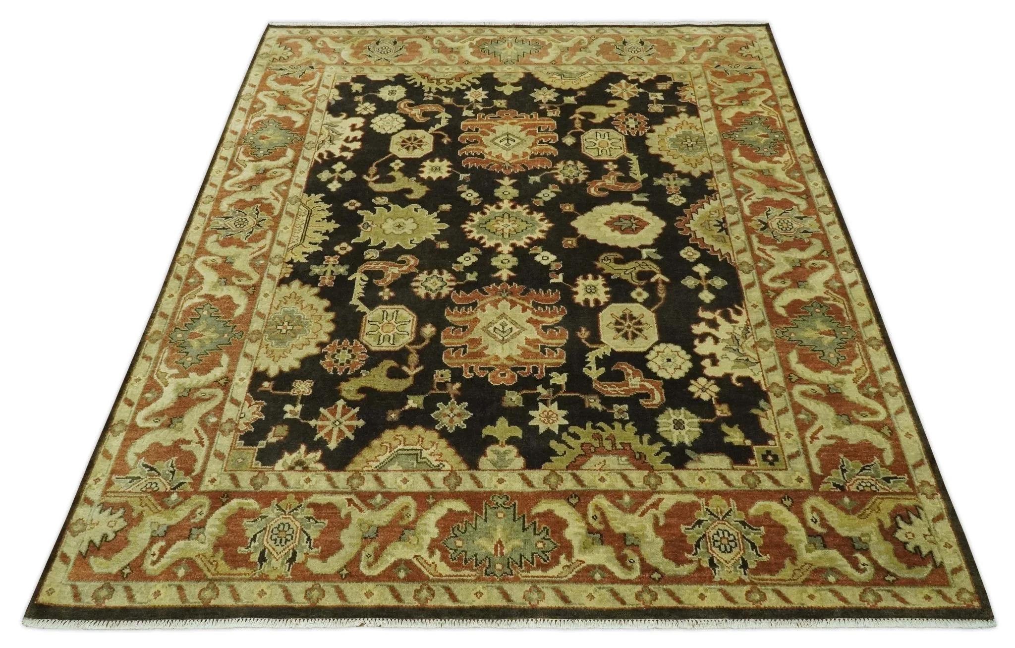 Charcoal, Olive and Rust Hand Knotted 8x10 Traditional Style Oushak Wool Area Rug - Image 11
